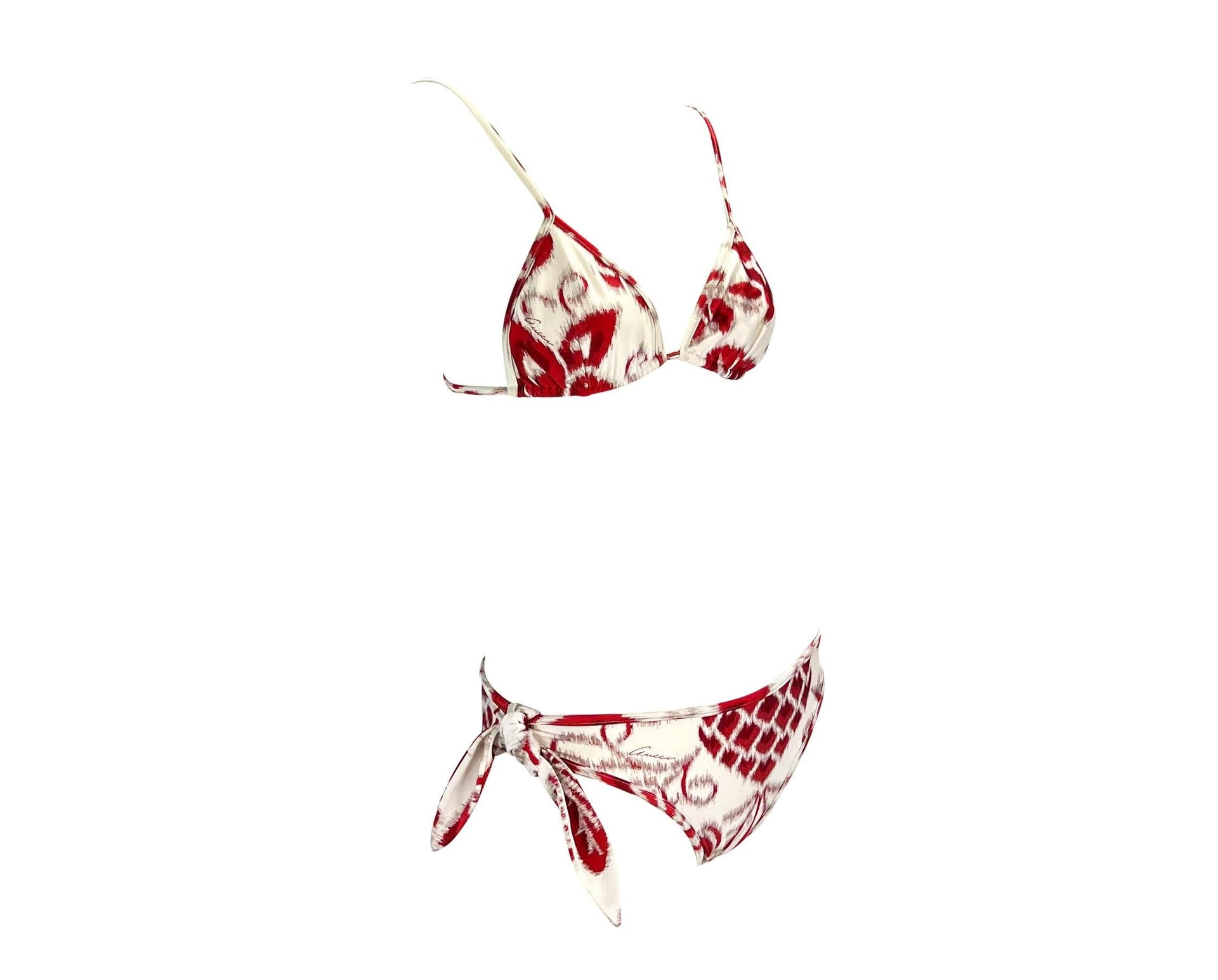 S/S 2000 Gucci by Tom Ford Red Havana Print Tie White Bikini Set