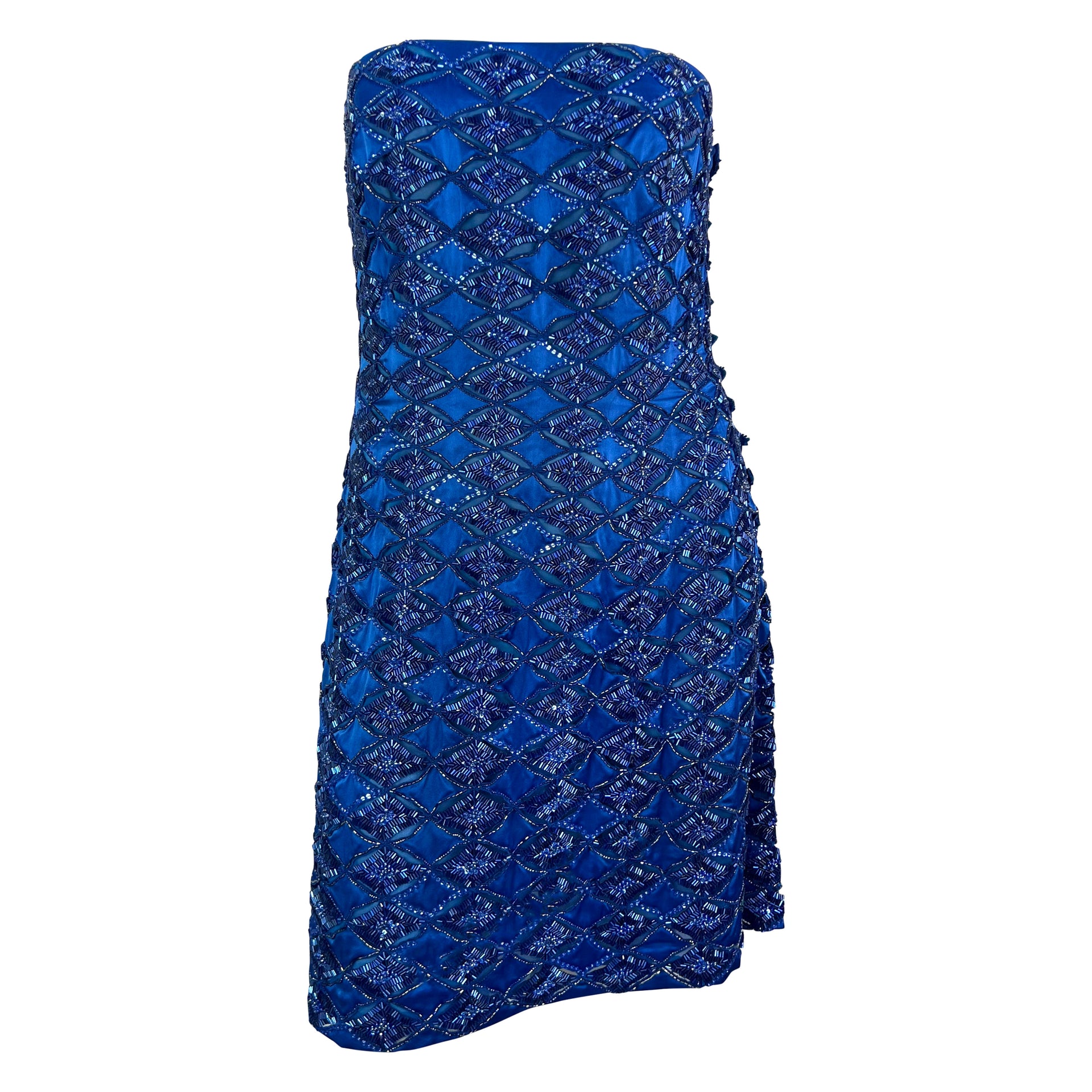 S/S 2001 Atelier Versace by Donatella Runway Blue Beaded Strapless Mini Dress