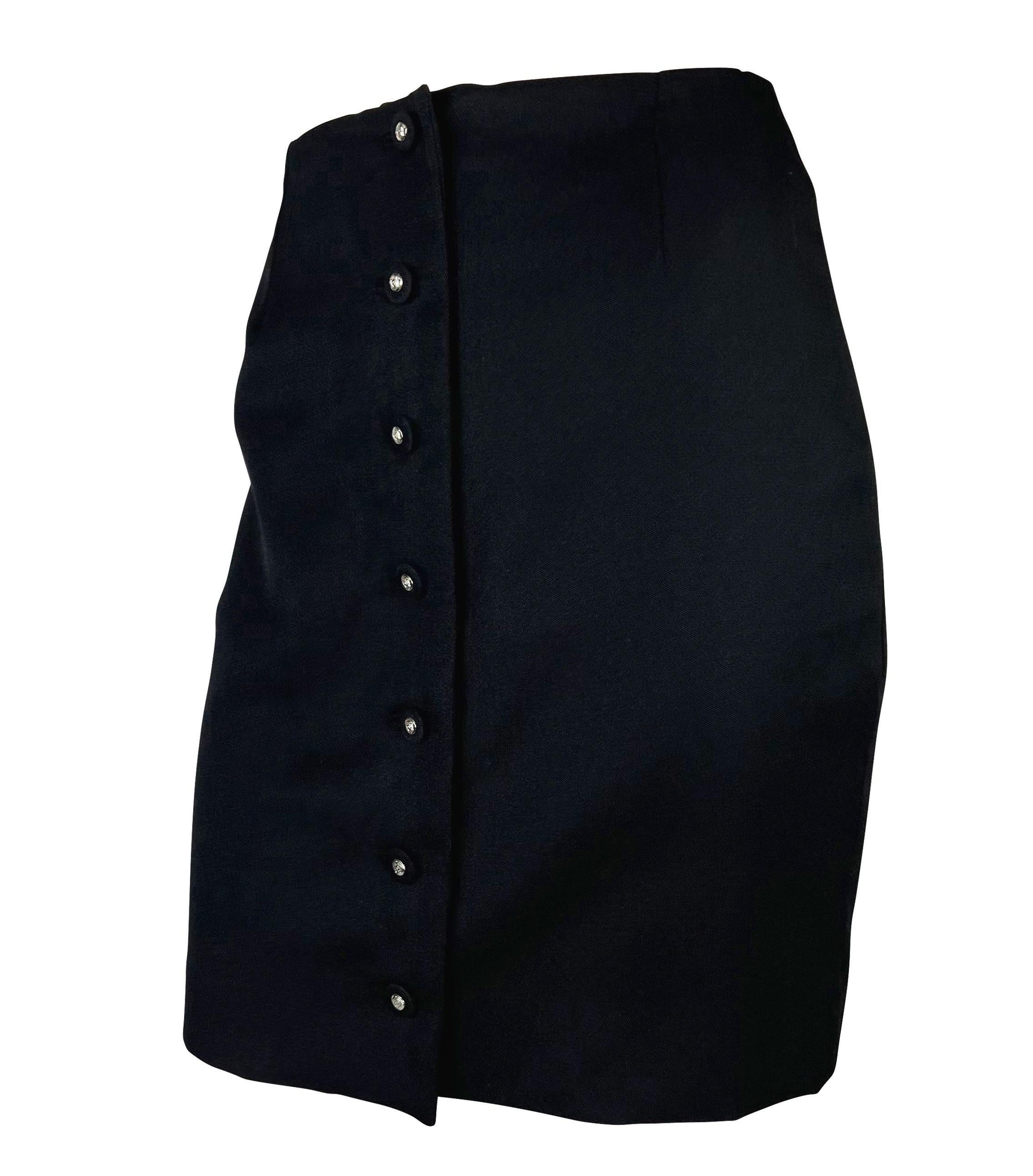 S/S 1996 Gianni Versace Couture Medusa Button Black Stretch Wool Mini Skirt