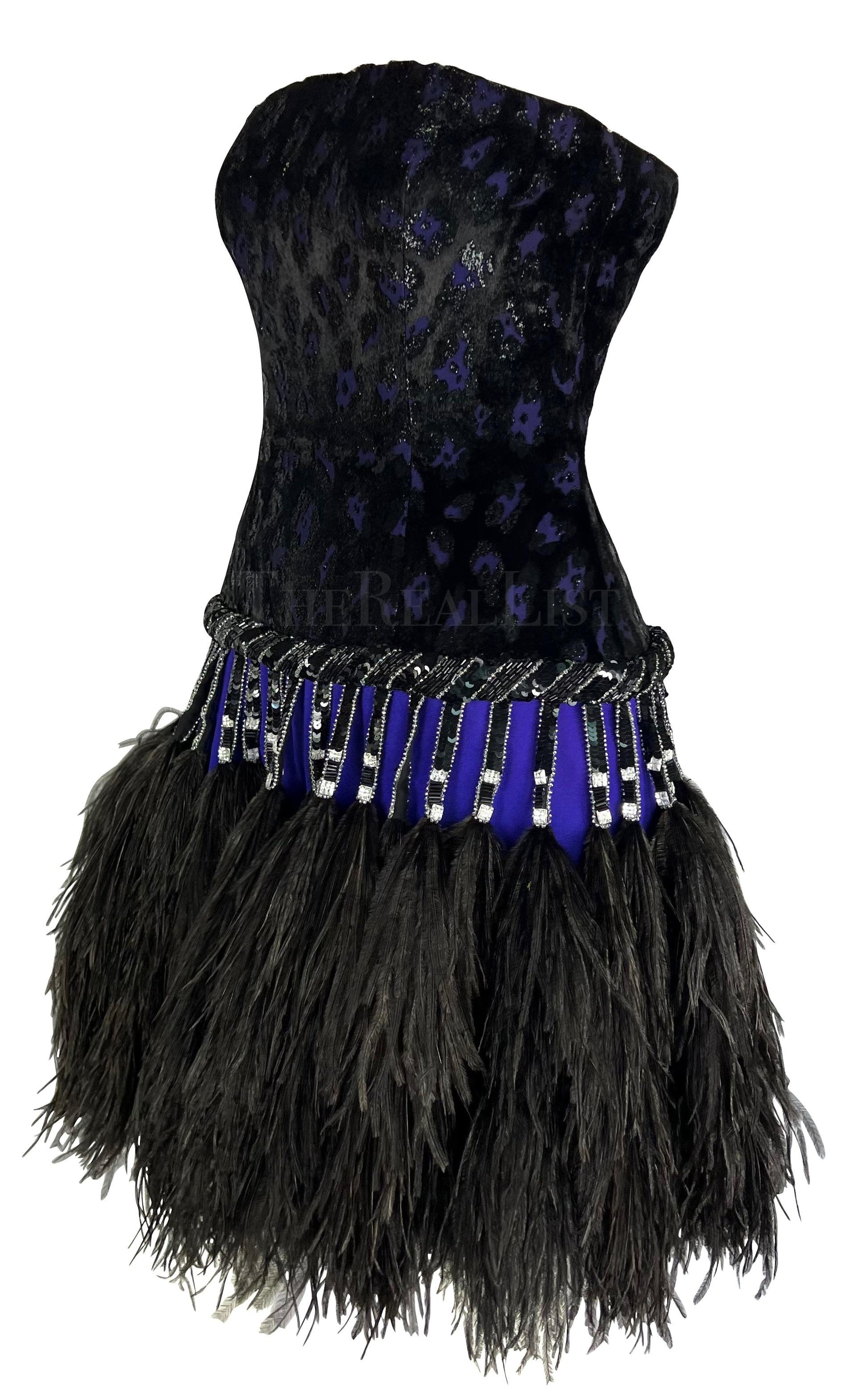 F/W 1988 Bob Mackie Runway Beaded Purple Ostrich Feather Mini Dress