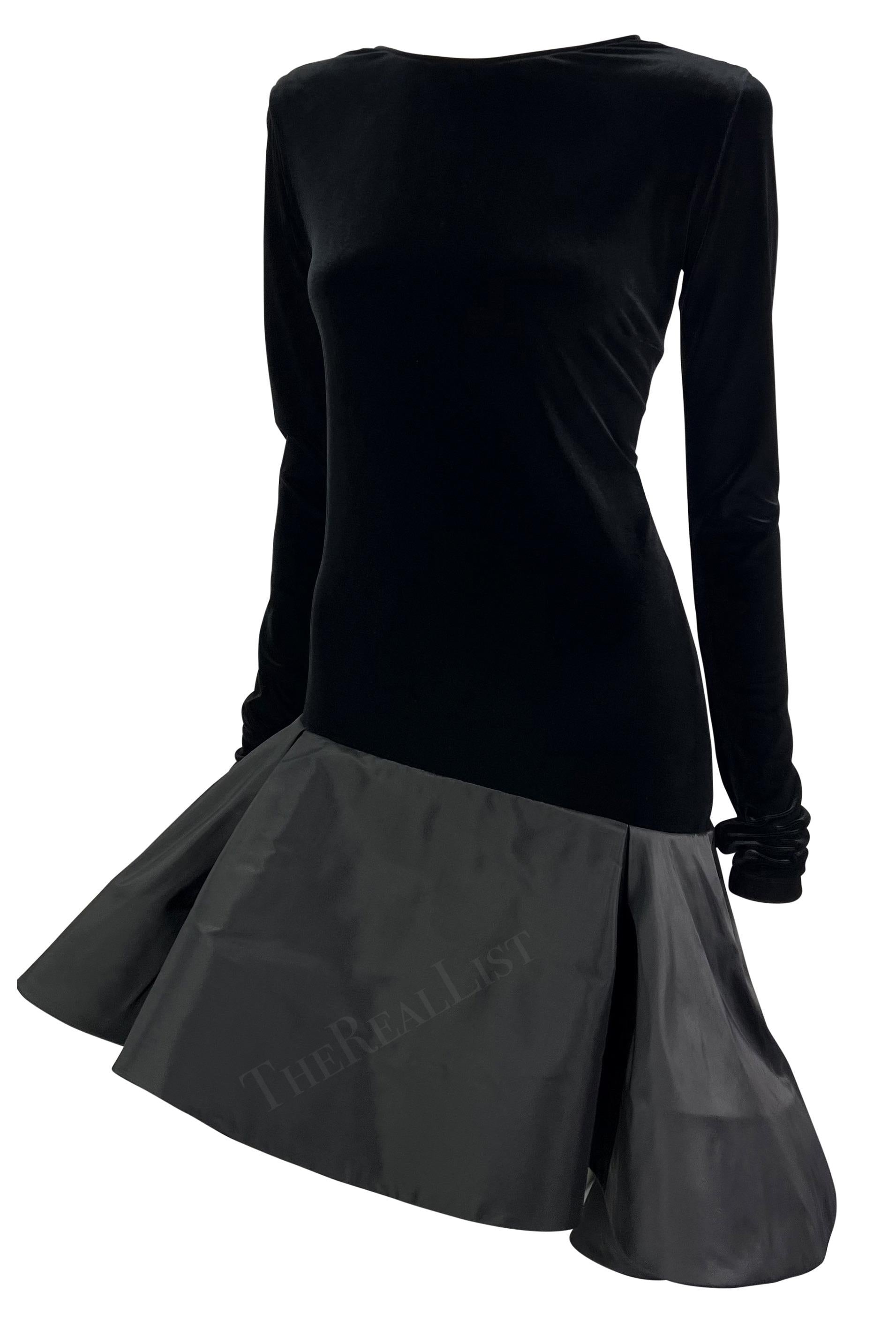 1990s Pierre Cardin Haute Couture Black Velvet Long Sleeve Flare Dress
