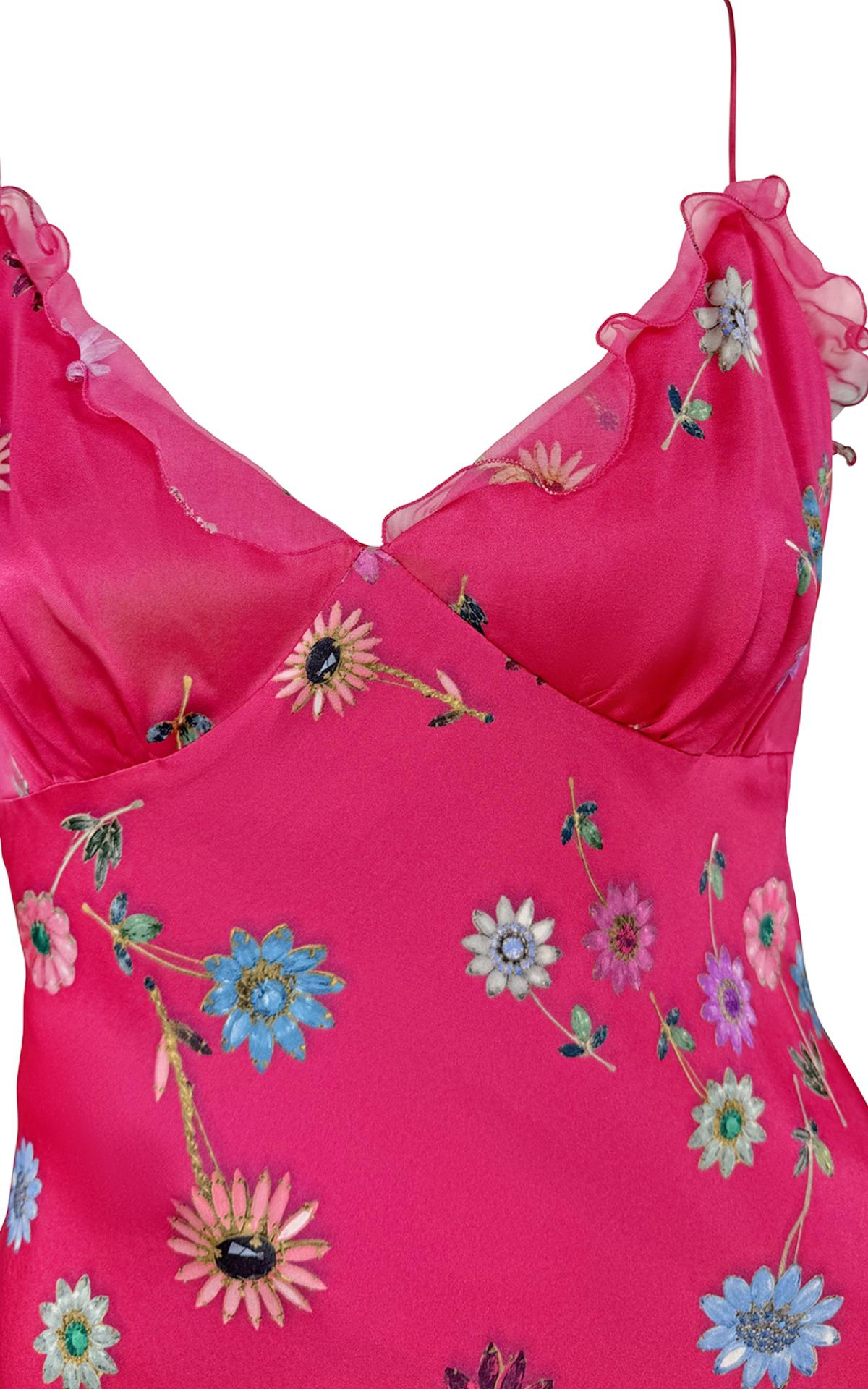 2000s Emanuel Ungaro Hot Pink Satin Flower Jewels Print Slip Dress
