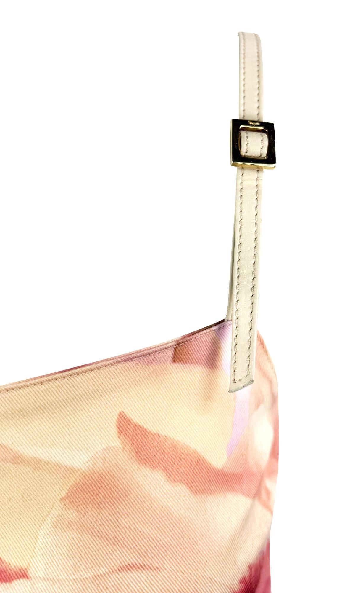 Early 2000s Ferragamo Pink Floral Print Tan Leather Strap Cocktail Dress
