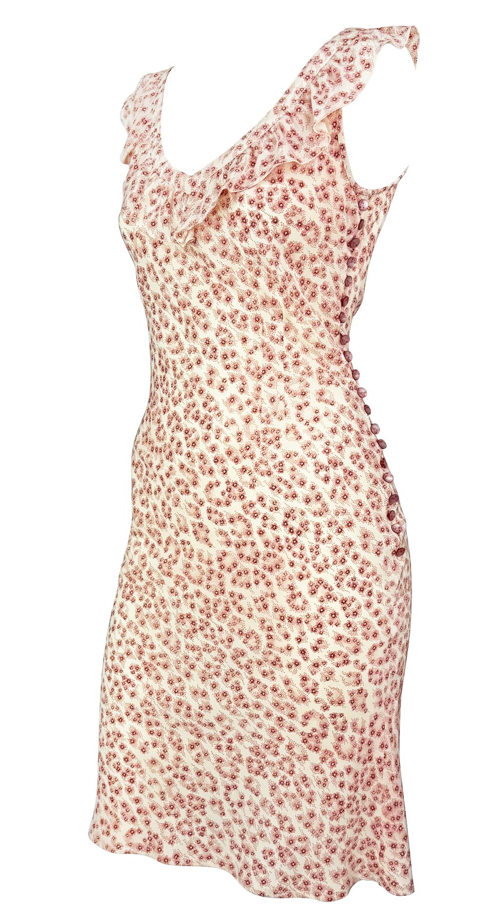 Late 1990s Chloé by Stella McCartney Pink Floral Print Ruffle Trim Midi Dress