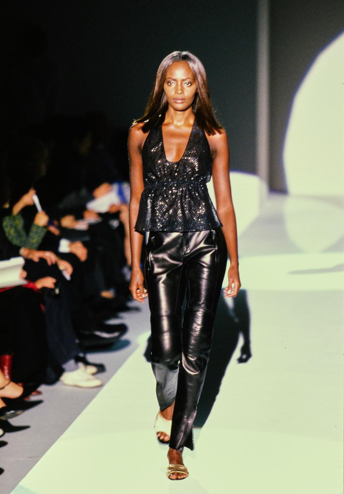S/S 1999 Gucci by Tom Ford Runway Backless Sheer Floral Lace Leather Crop Top