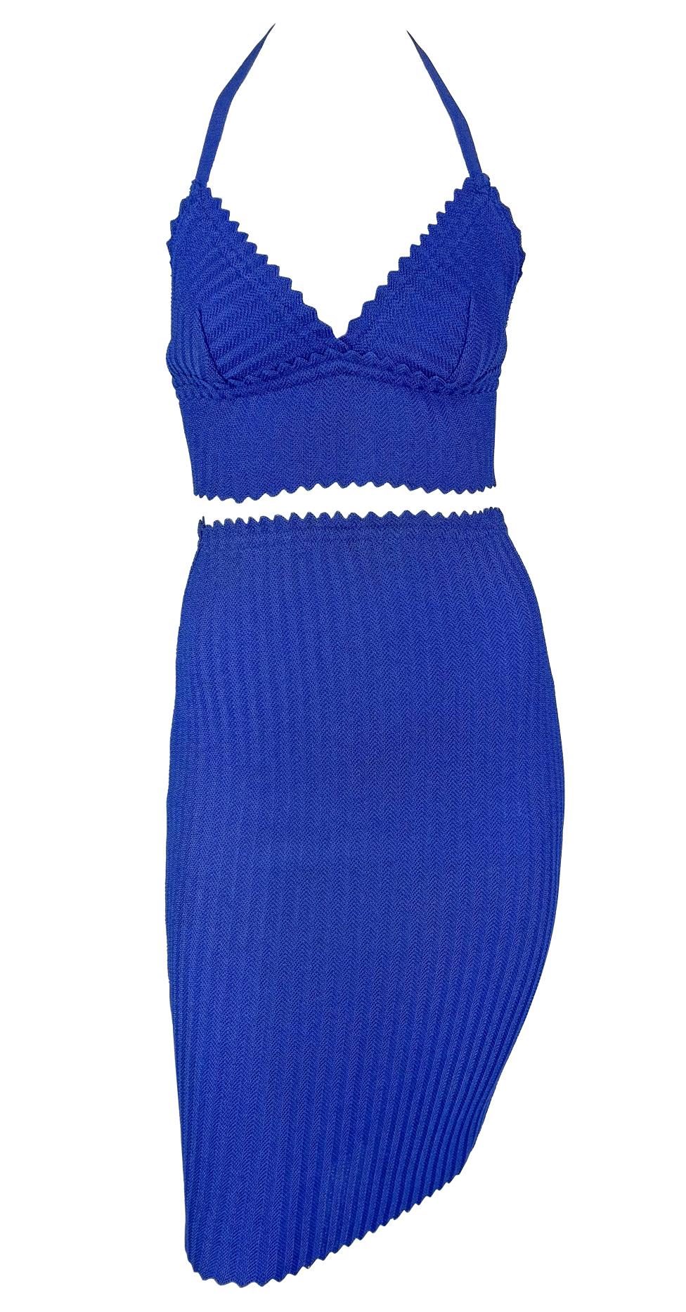 Late 1990s Fendi by Karl Lagerfeld Bodycon Knit Blue Bralette Crop Top Skirt Set