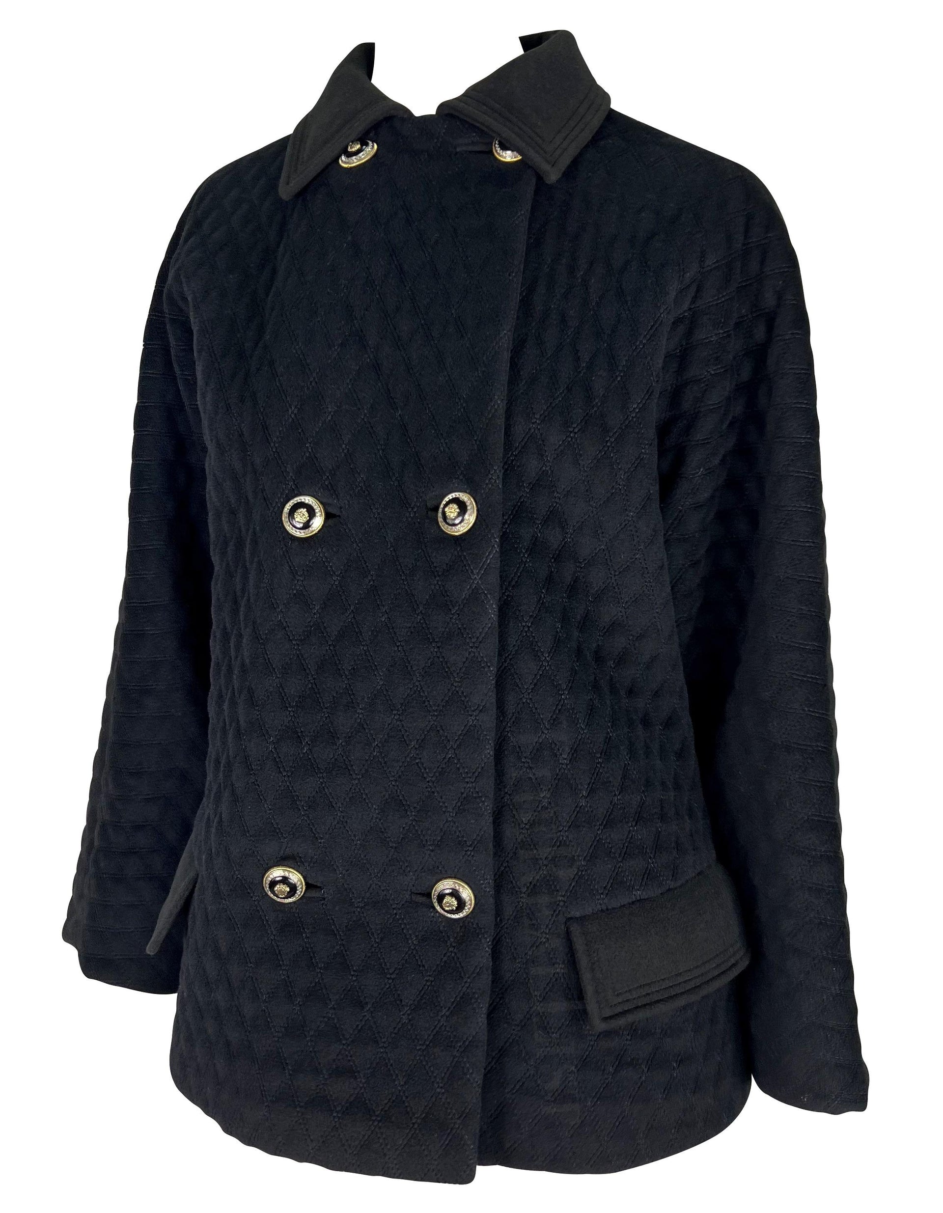 1990s Gianni Versace Black Quilted Oversized Medusa Button Car Coat