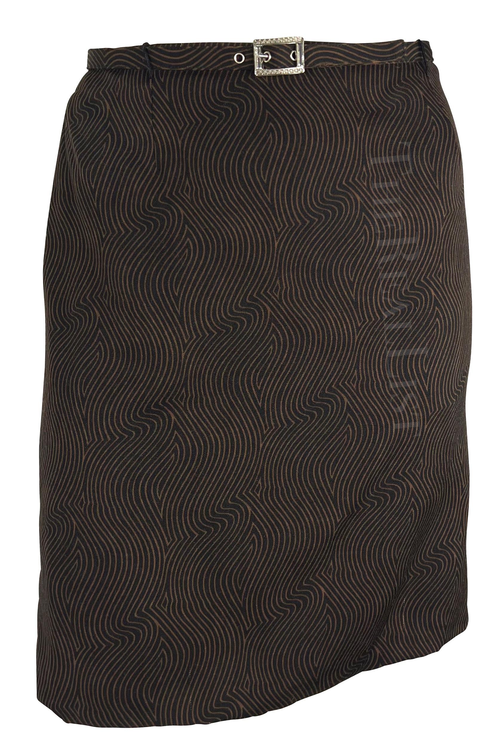 S/S 1996 Gianni Versace Black Brown Abstract Op-Art Print Medusa Belt Skirt Suit