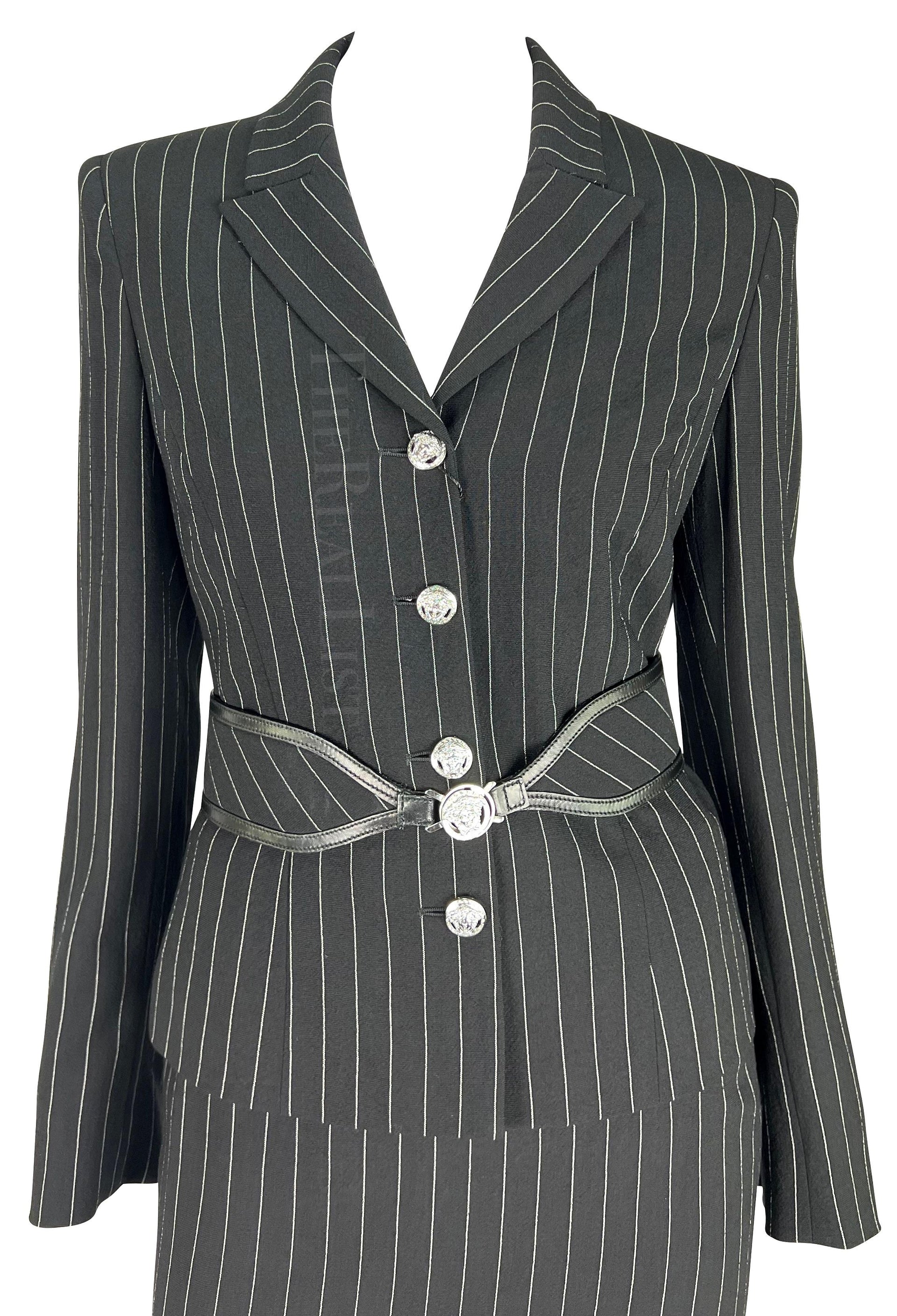 NWT F/W 2004 Versace by Donatella Black Wool Blend Pinstripe Medusa Belted Suit