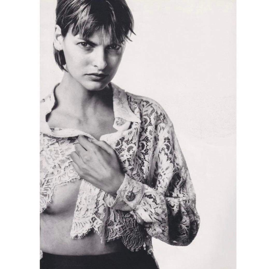 S/S 1994 Gianni Versace Couture Sheer White Lace Medusa Button Up Top
