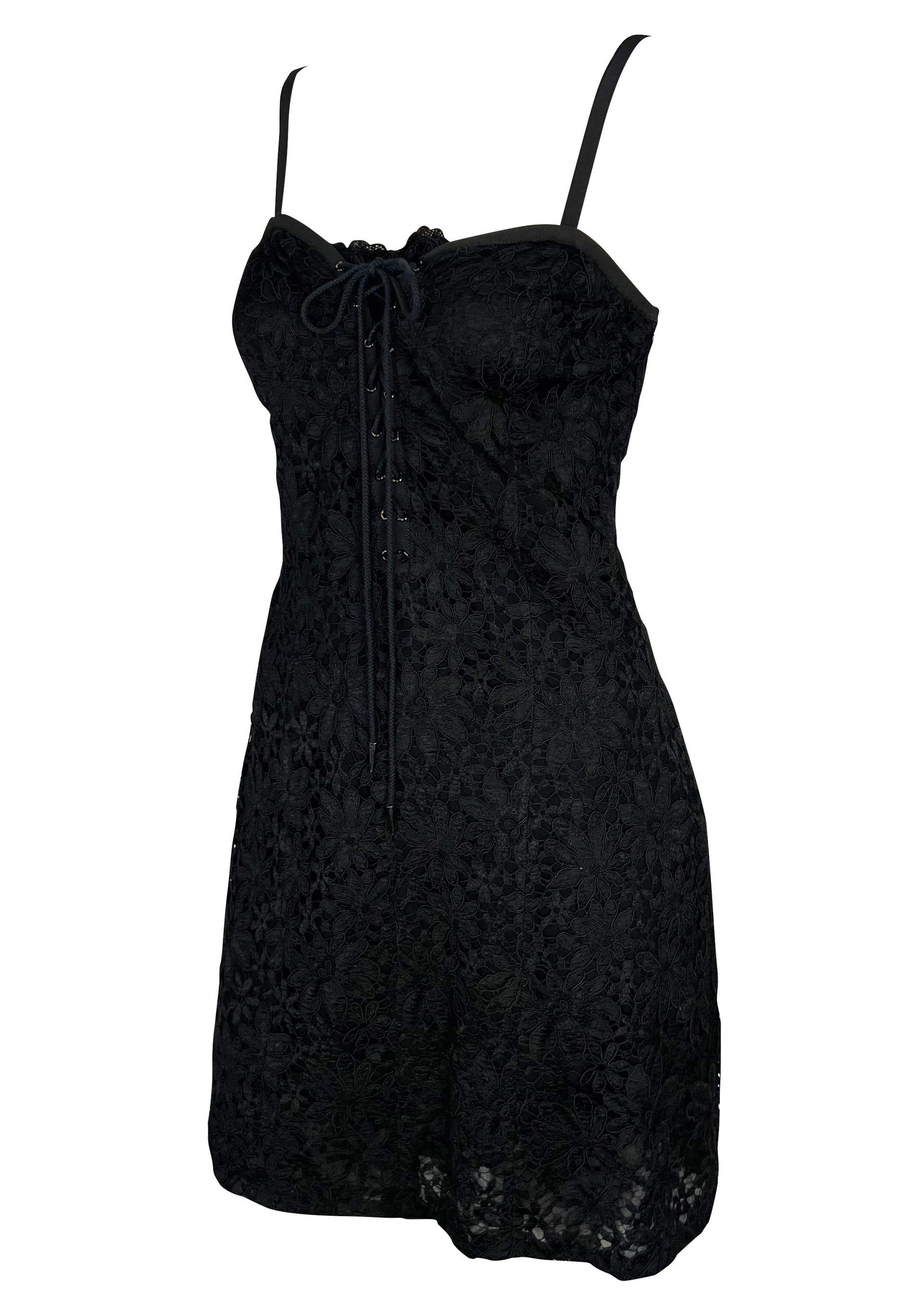 Early 1990s Yves Saint Laurent Rive Gauche Lace-Up Black Sheer Lace Mini Dress