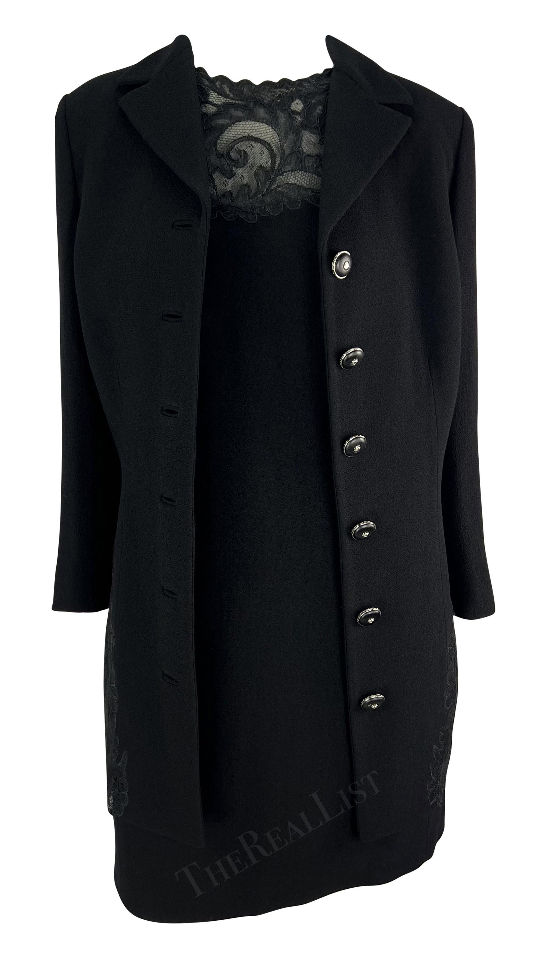 F/W 1996 Gianni Versace Black Sheer Lace Trim Medusa Dress Jacket Set