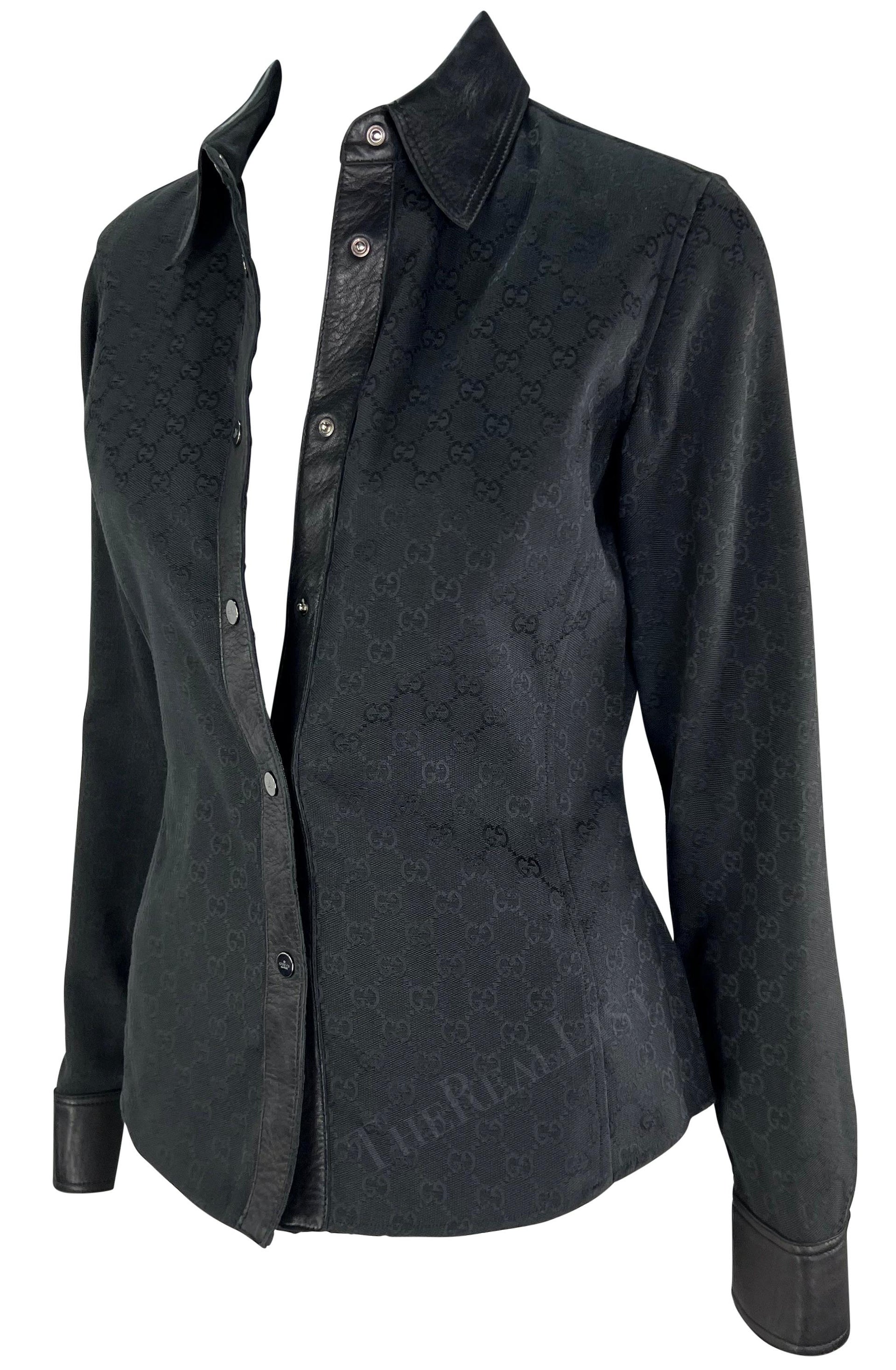 F/W 2000 Gucci by Tom Ford Leather Trim Black GG Monogram Collared Snap Shirt