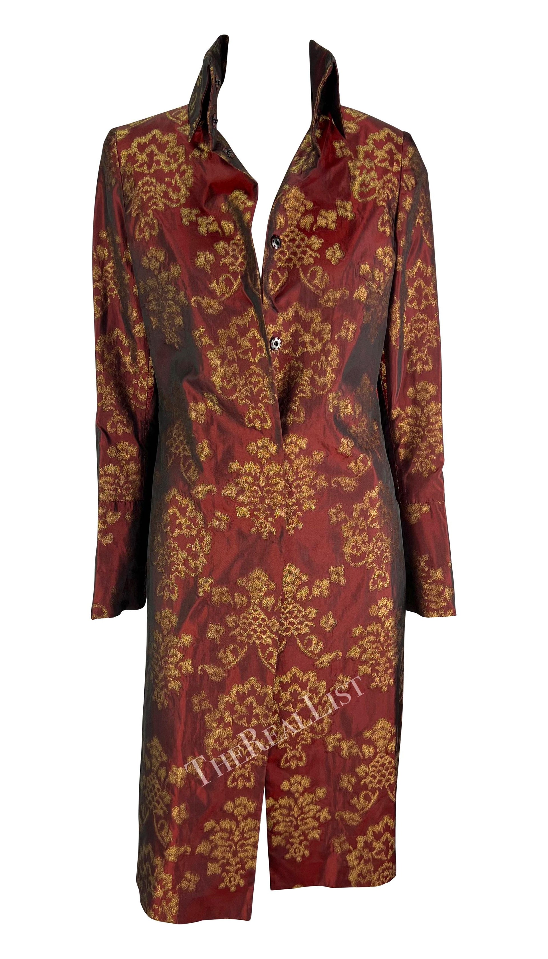 S/S 2000 Dolce & Gabbana Burgundy Satin Gold Jacquard Woven Long Coat
