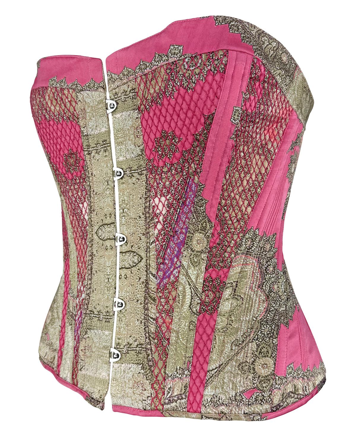 NWT 2004 Roberto Cavalli Pink Print Lace-Up Corset Bustier Top