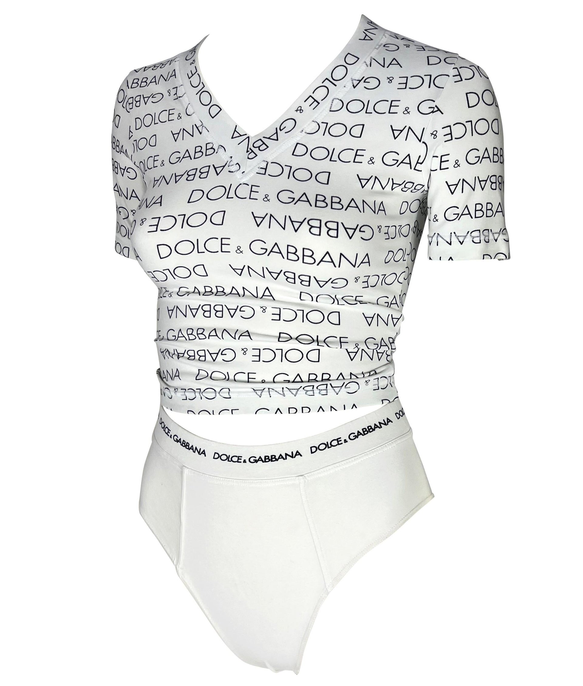 S/S 1995 Dolce & Gabbana White Logo Print Stretch V-Neck Brief Set