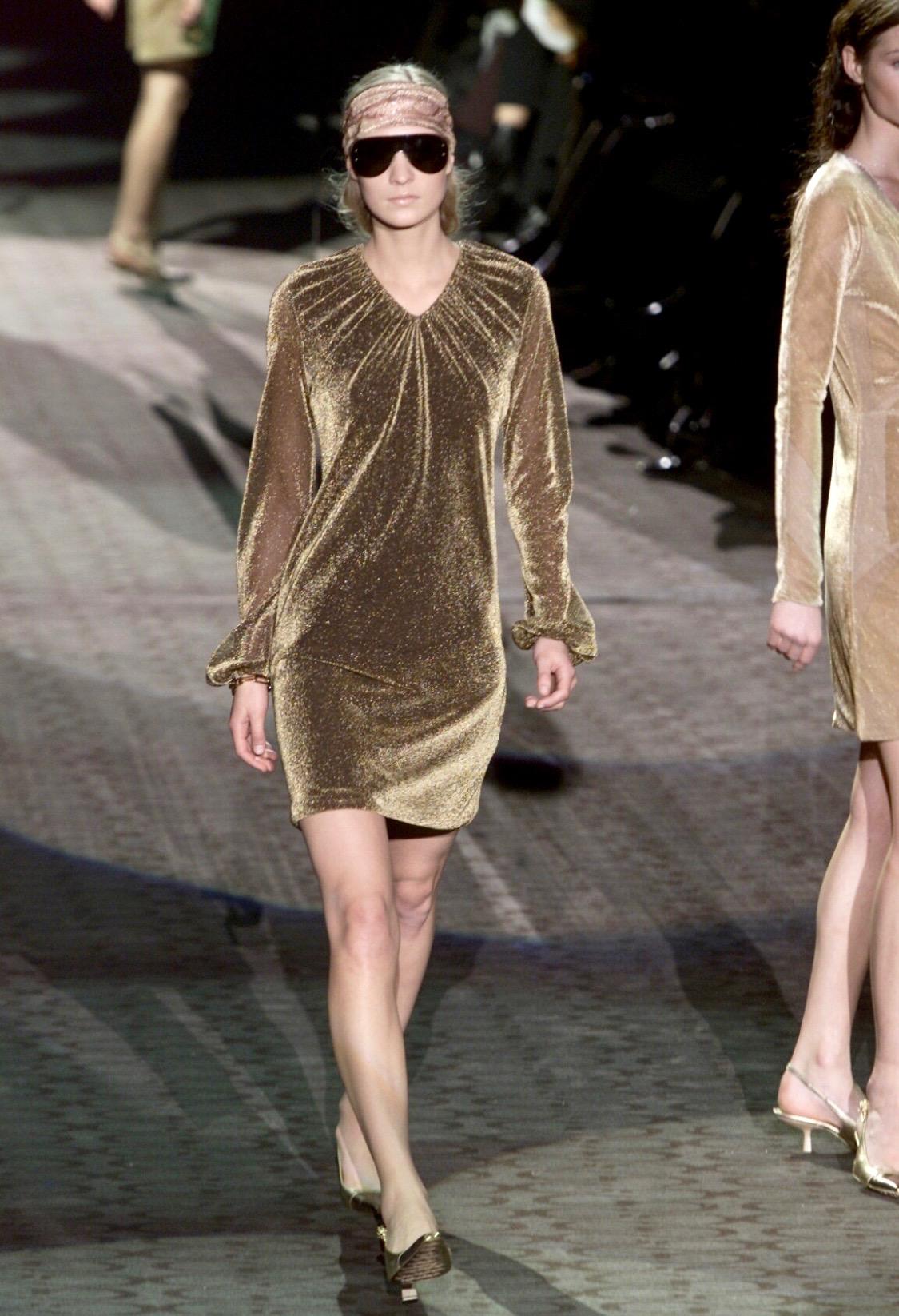 F/W 2000 Gucci by Tom Ford Sheer Gold Lurex V-Neck Long-Sleeve Metallic Blouse Y2K