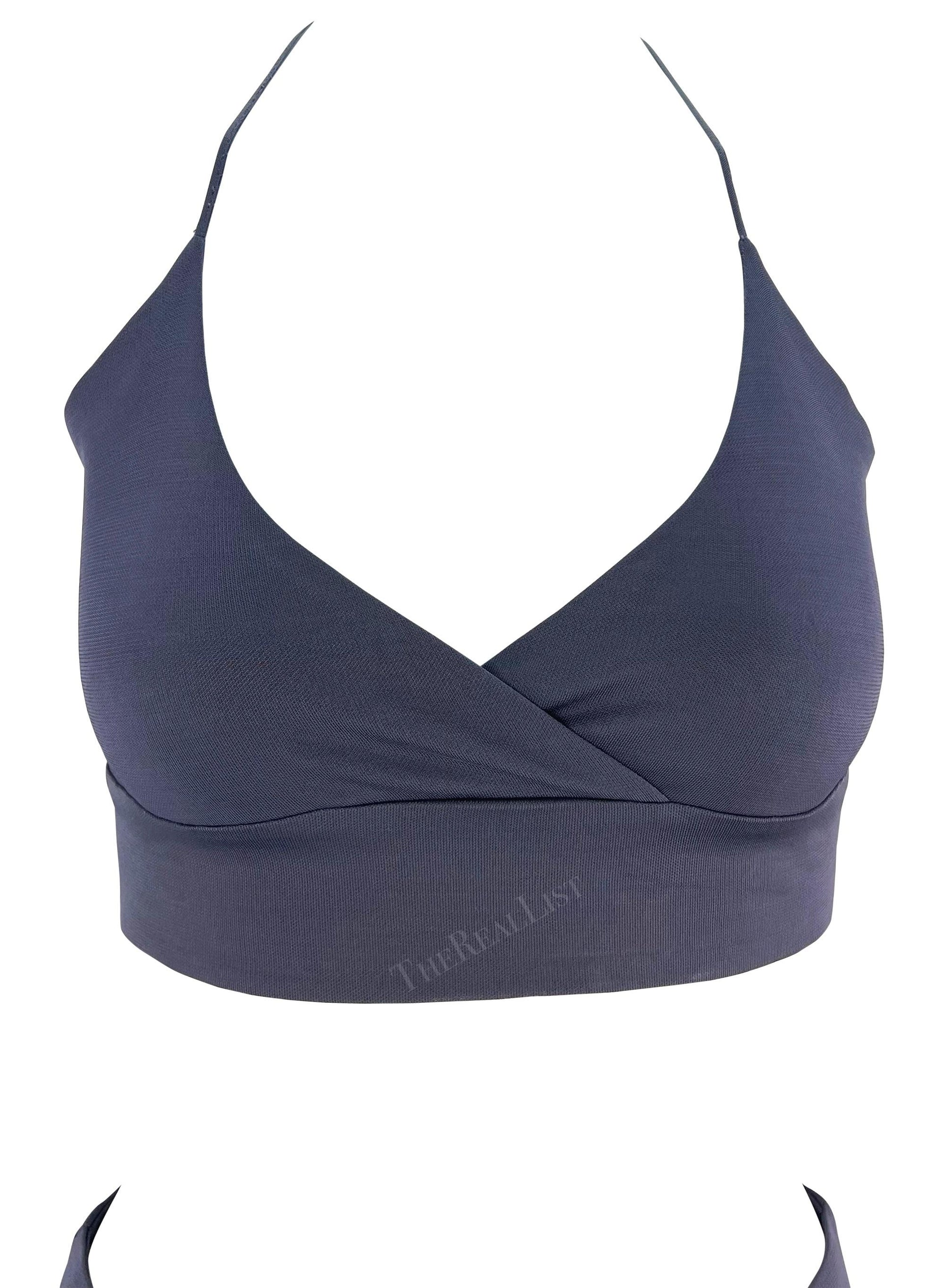 1990s Yigal Azrouël Grey Blue Stretch Halter Neck Bodycon Crop Top Skirt Set