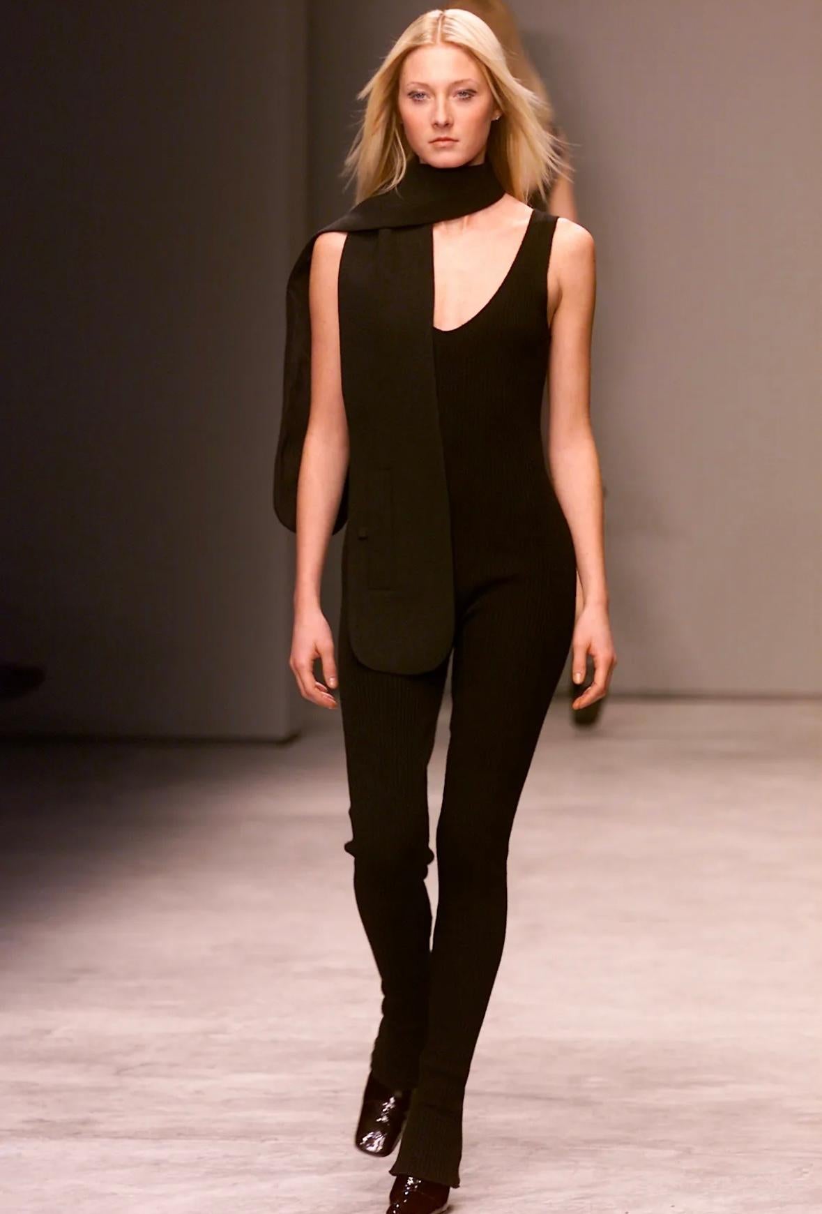 F/W 2001 Prada Runway Black Ribbed Knit Stretch Tank Bell Bottom Catsuit Stirrup