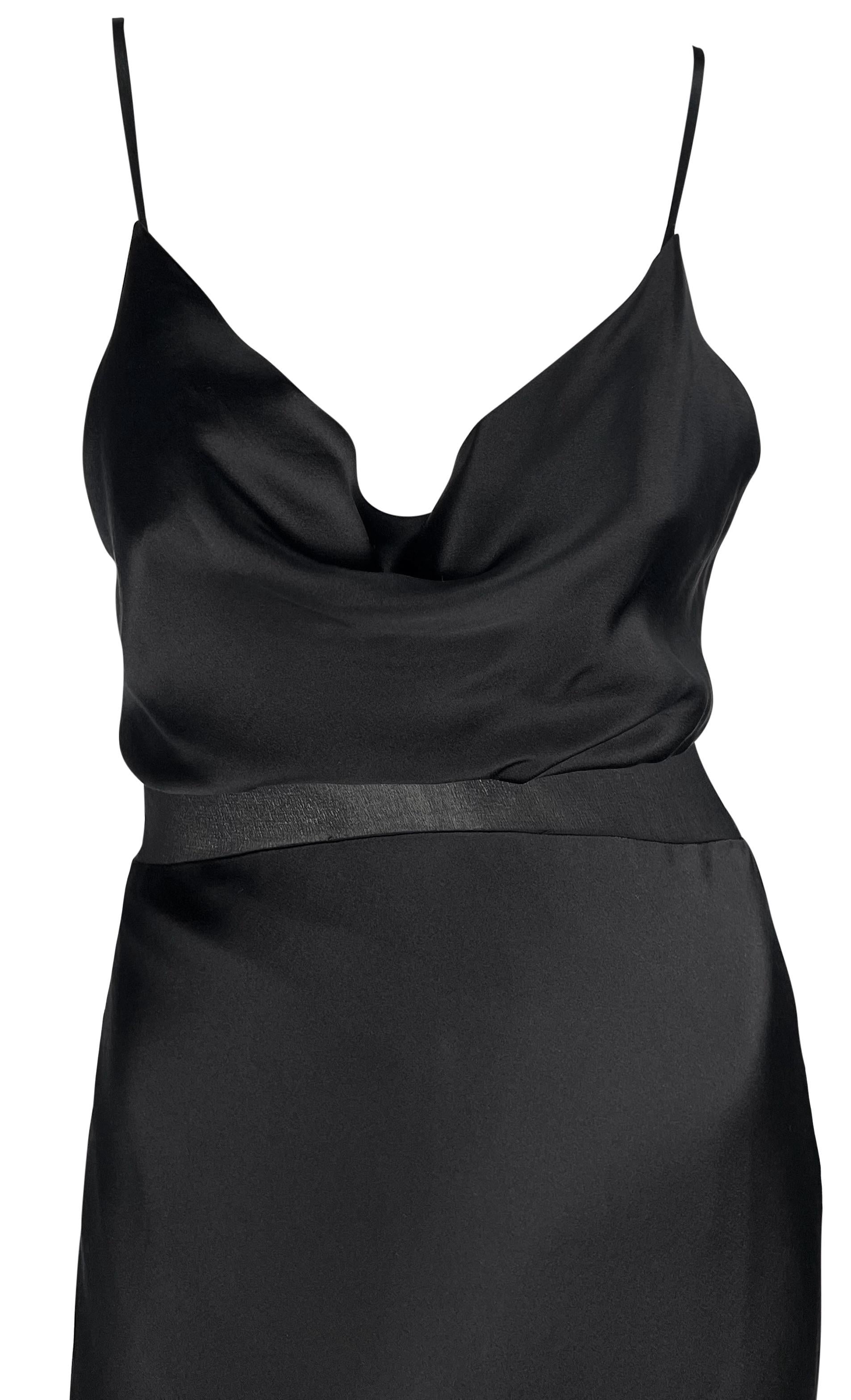 S/S 1997 Gianni Versace Black Satin Cowl Neck Sheer Waist Flare Midi Dress