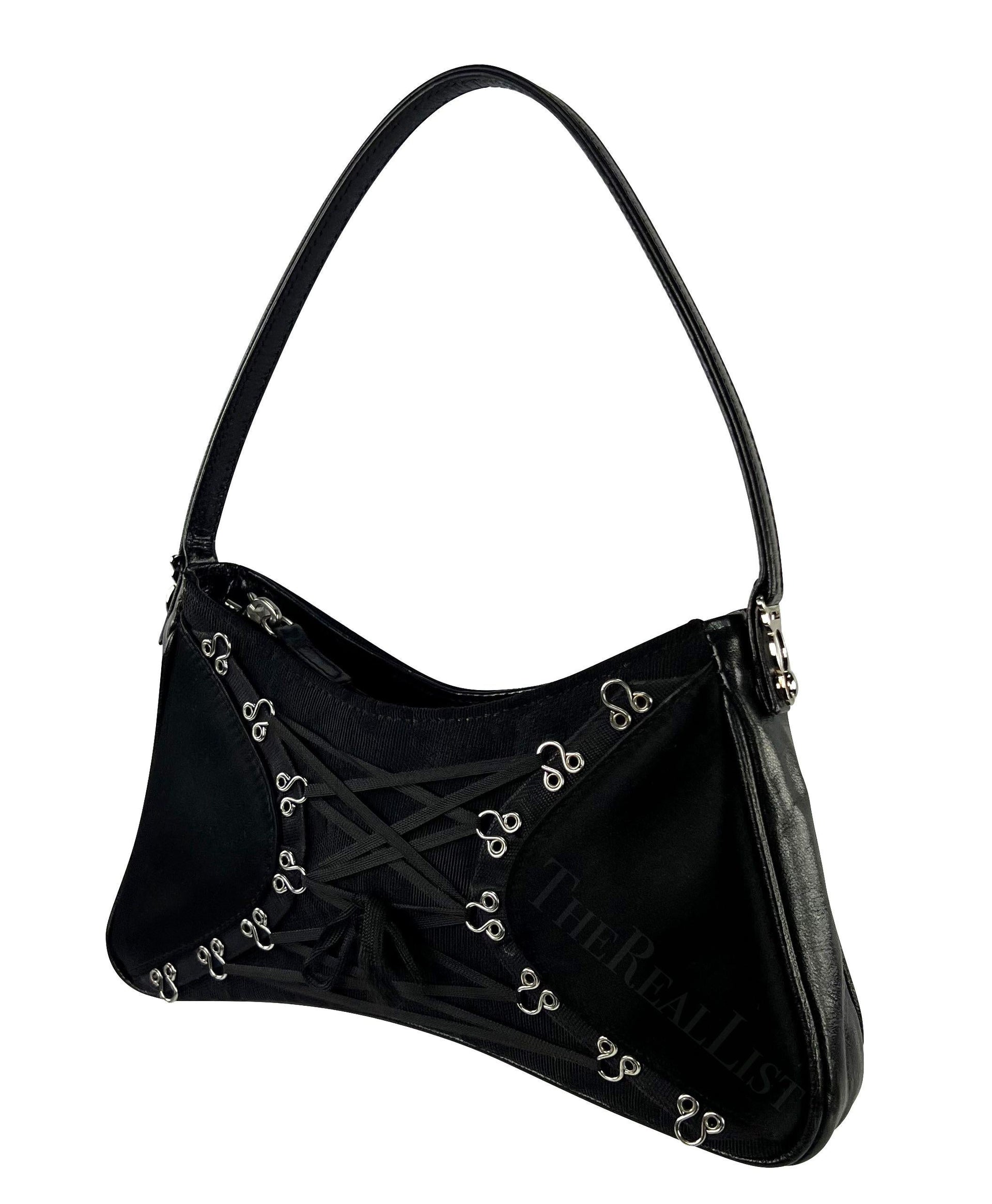 Early 2000s John Galliano Black Satin Leather Corset Style Mini Bag