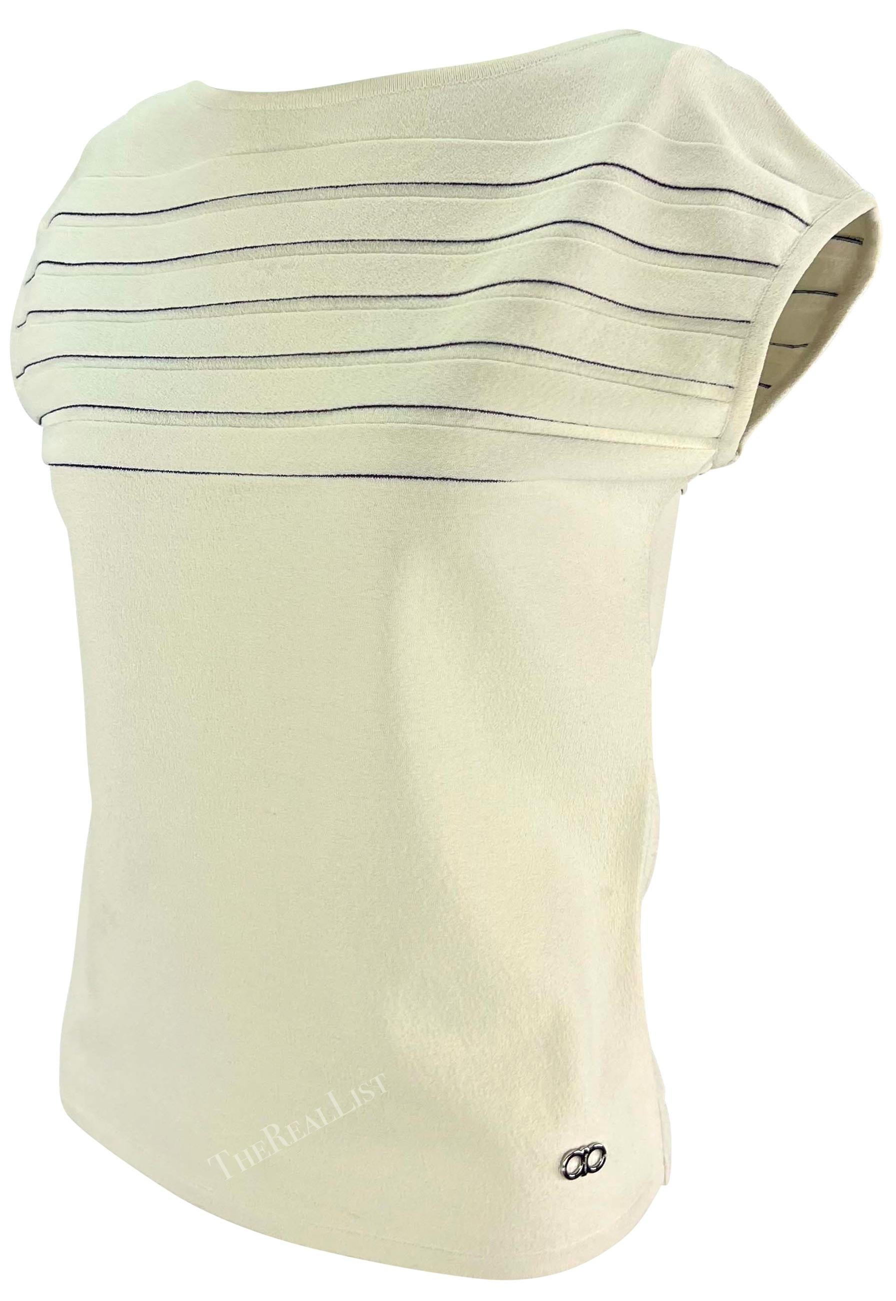Late 1990s Salvatore Ferragamo White Navy Stripped Logo Knit Shirt