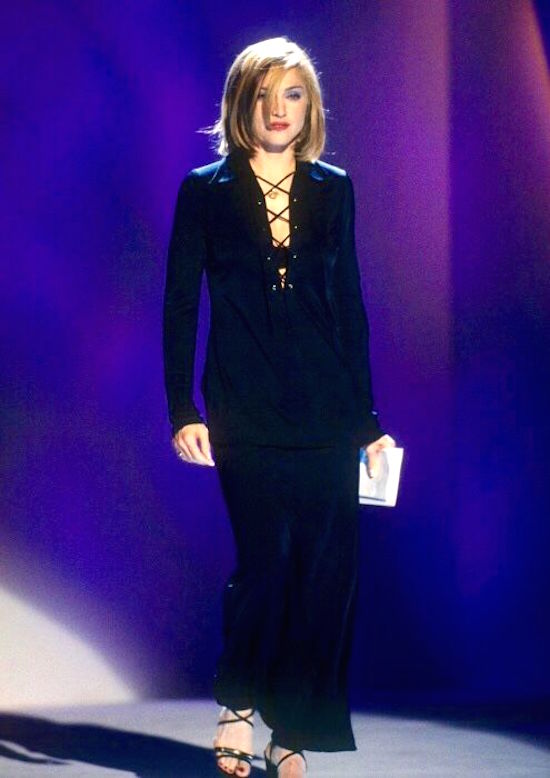 S/S 1996 Gucci by Tom Ford Madonna VH1 Lace-Up Tunic Navy Viscose Skirt Set