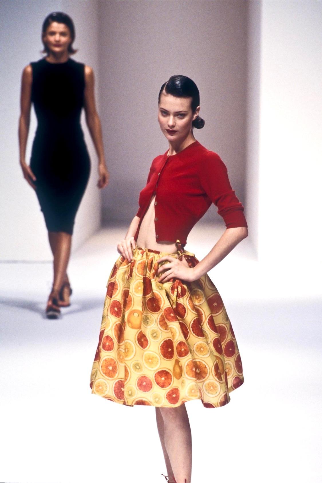 S/S 1995 Gucci by Tom Ford 1st Runway Citrus Fruit Print Silk Balloon Tie Skirt