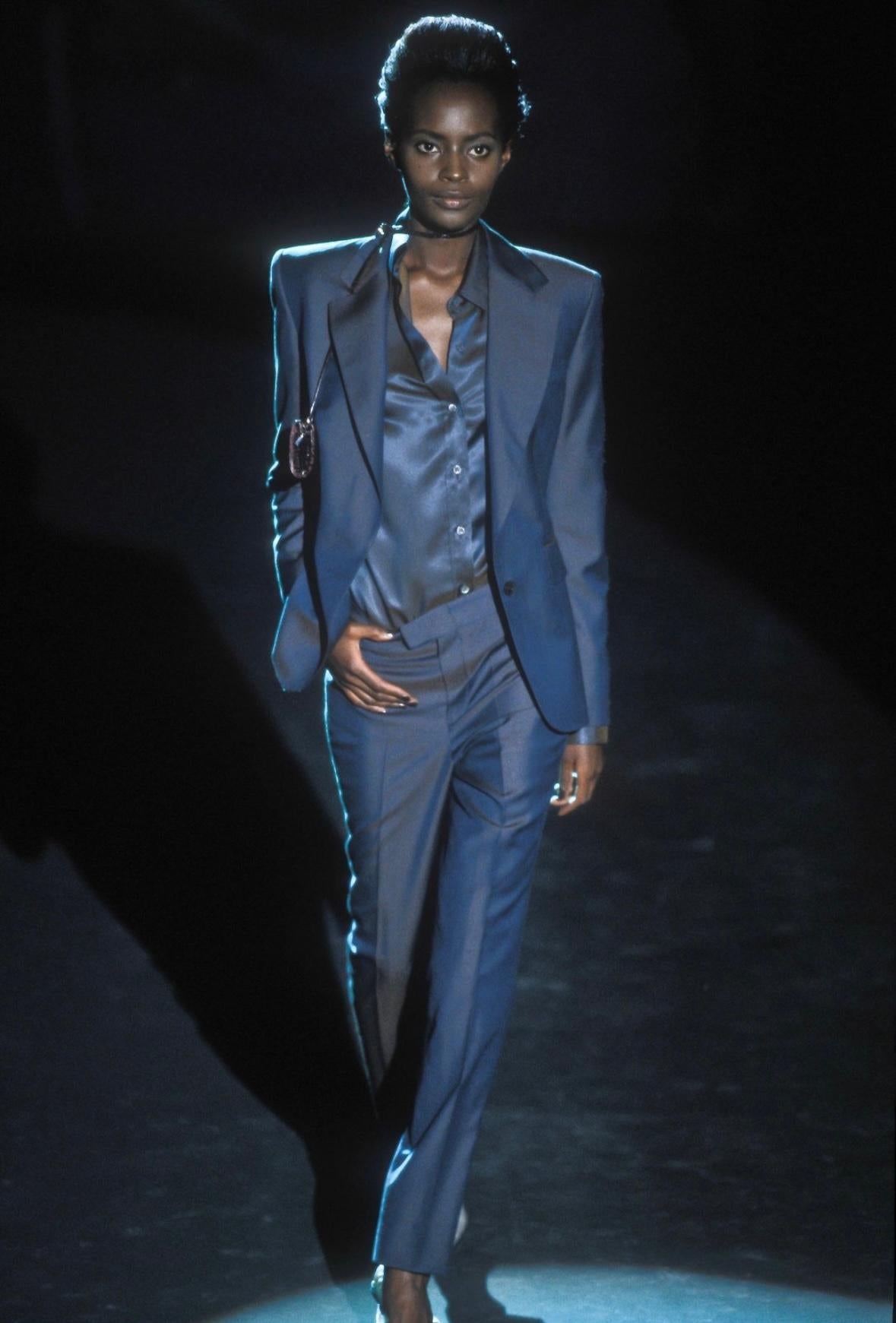 S/S 1998 Gucci by Tom Ford Runway Iridescent Satin Grey Rust Button Up Pant Set