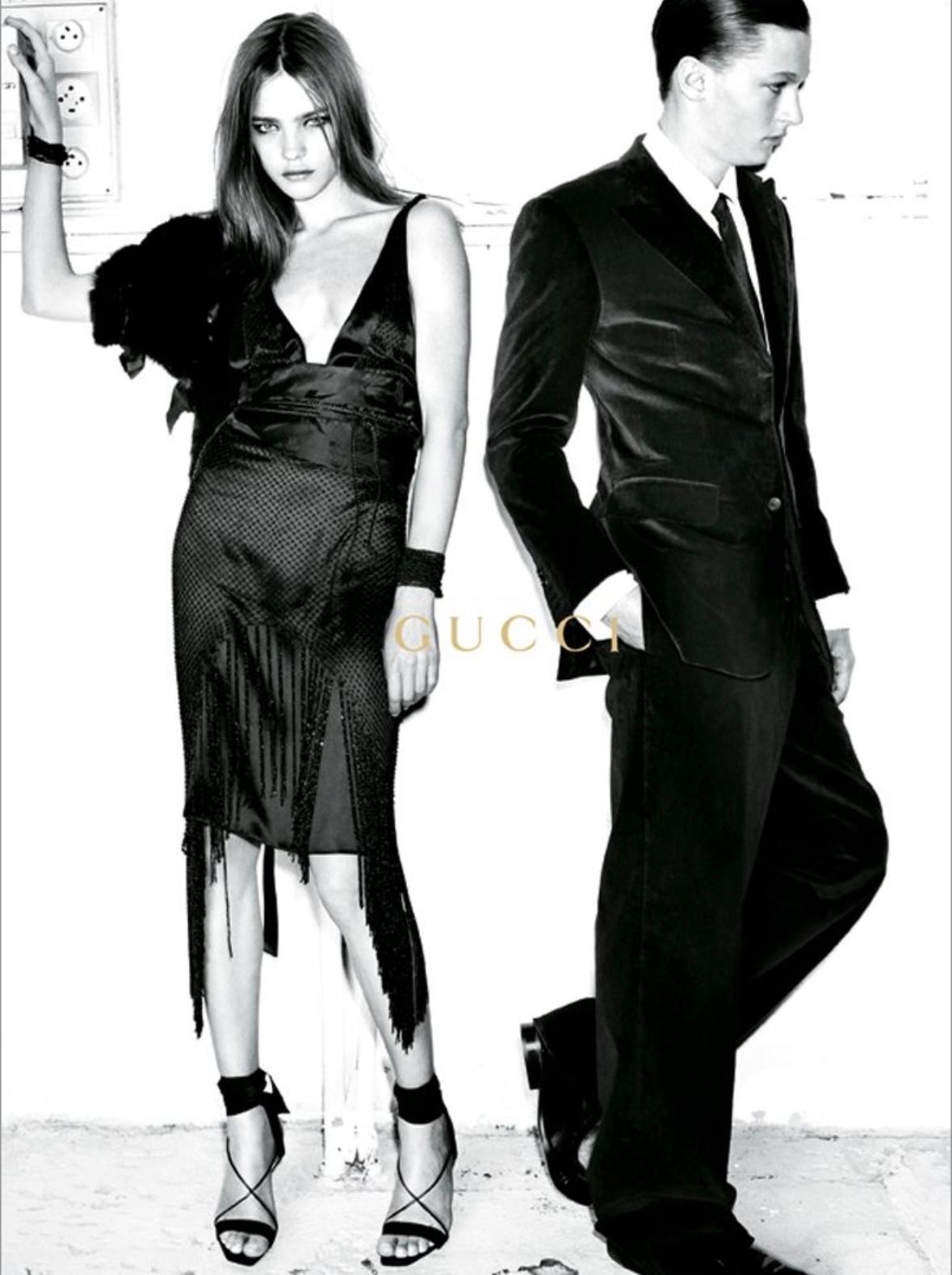 F/W 2002 Gucci by Tom Ford Beaded Fringe Overlay Black Satin Plunging Gown