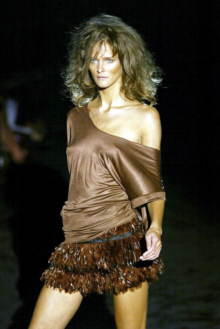 S/S 2003 Gucci by Tom Ford Runway Brown Feather Flare Sheer Silk Skirt