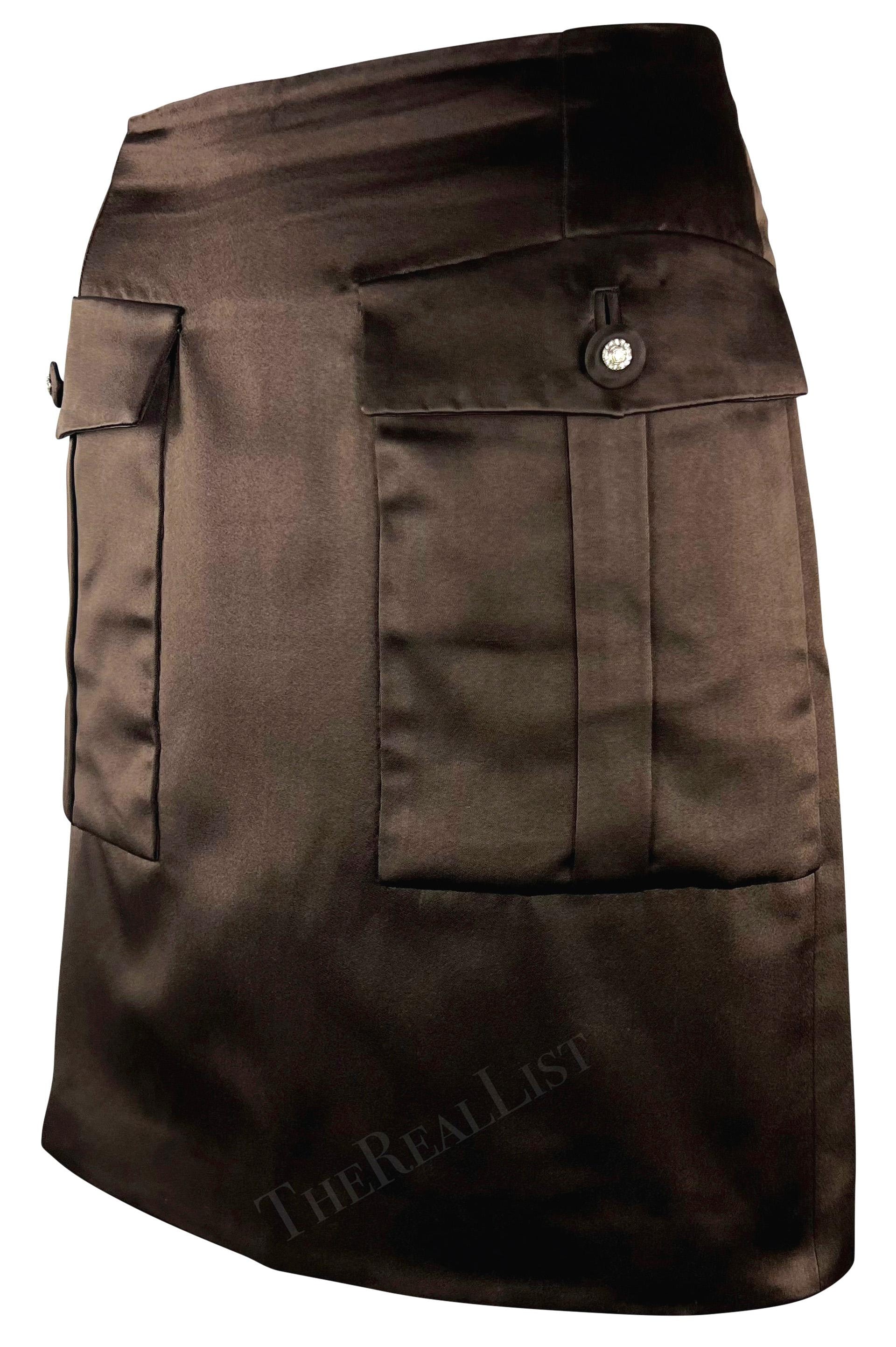 F/W 1996 Gianni Versace Couture Rhinstone Medusa Brown Silk Satin Mini Skirt