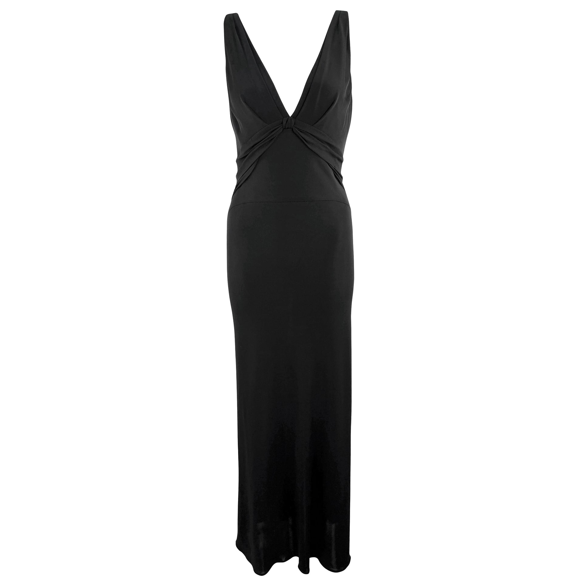 2000s Yigal Azrouël Semi-Sheer Black Bodycon Chiffon Trim Plunging  Gown