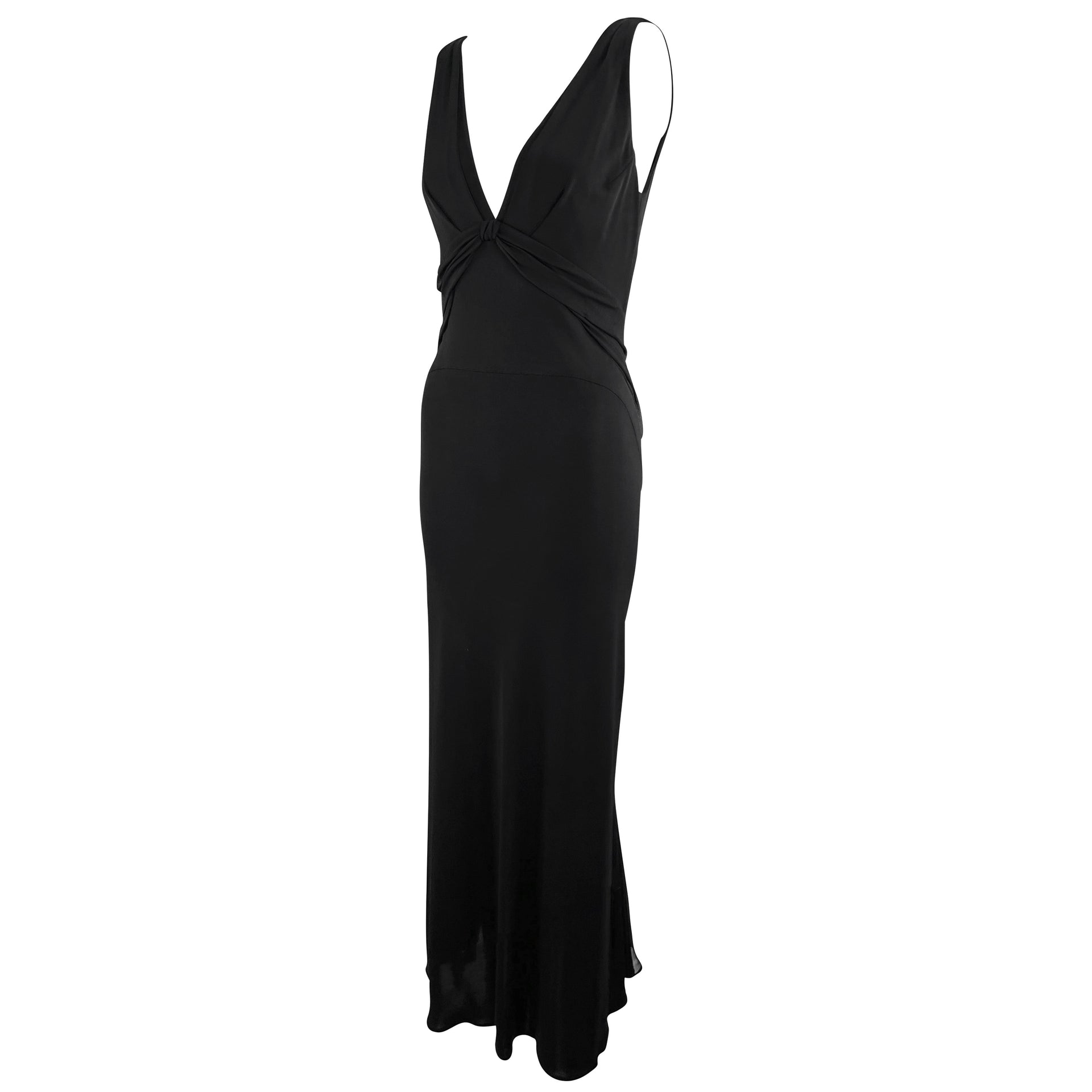 2000s Yigal Azrouël Semi-Sheer Black Bodycon Chiffon Trim Plunging  Gown
