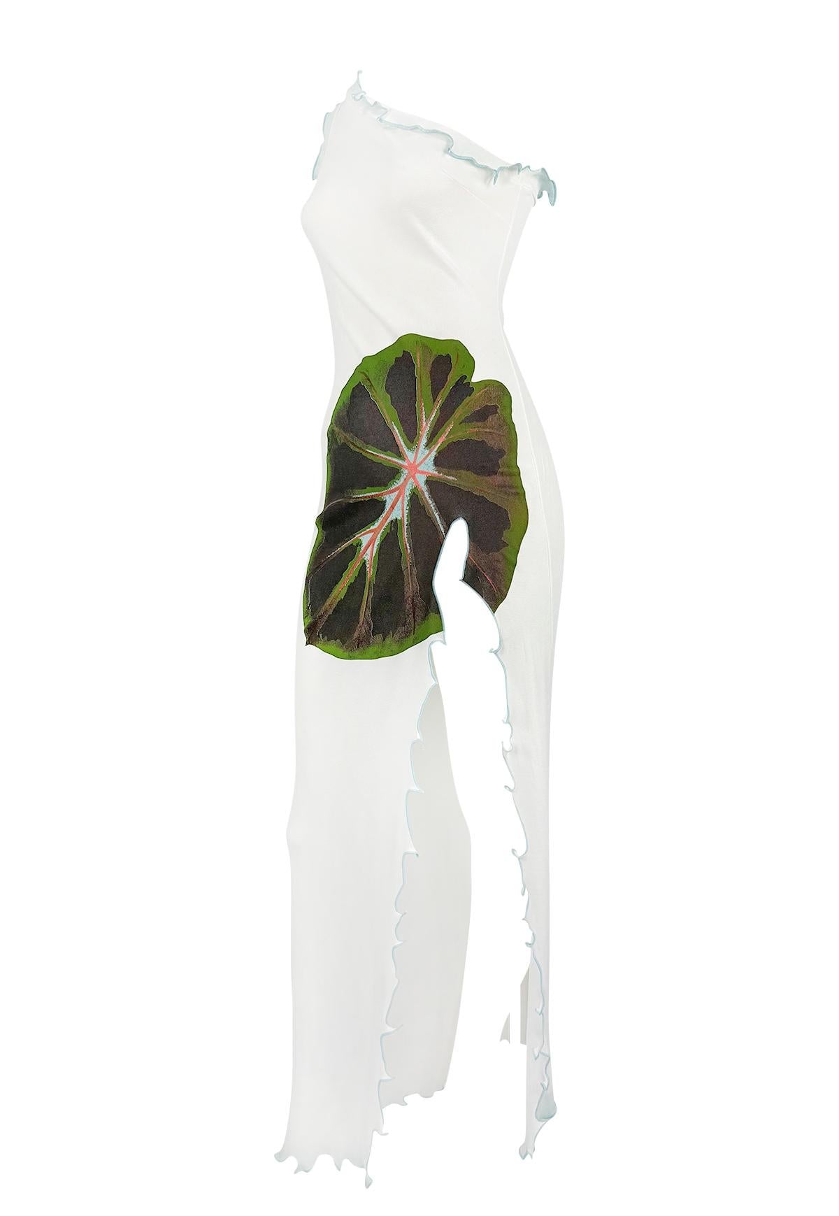 S/S 2000 Christian Lacroix High-Slit White Asymmetric Maxi Ruffle Trim Dress