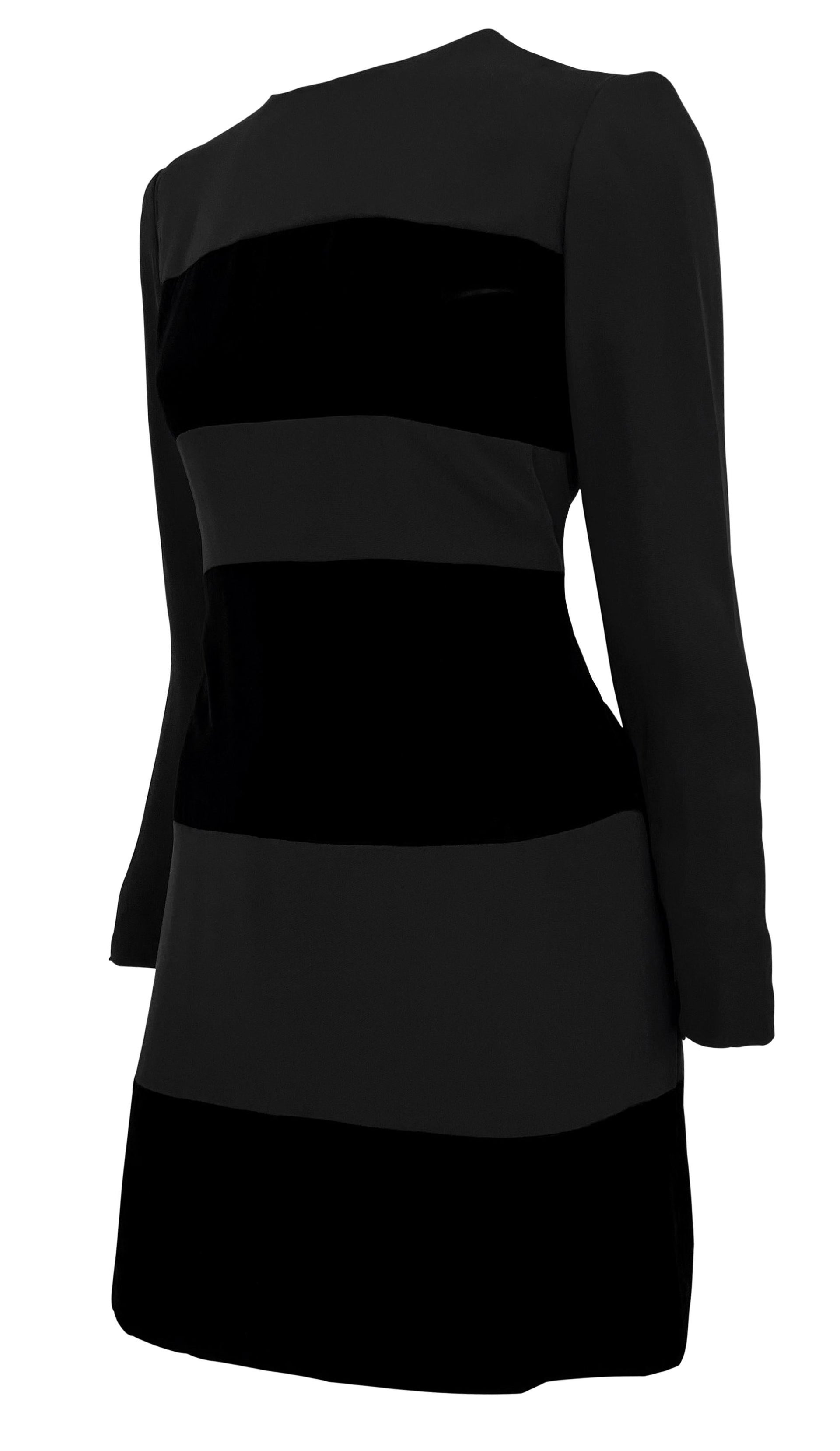 Early 1990s Oscar de La Renta Black Velvet Strip Long Sleeve Mini Dress