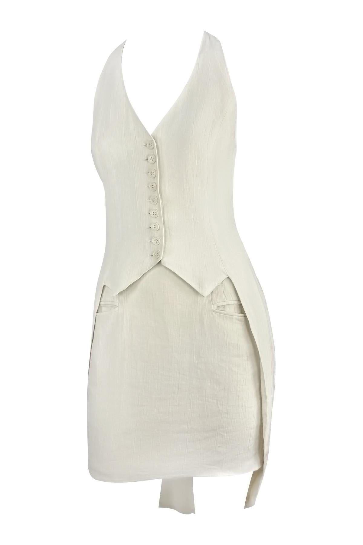S/S 1994 Norma Kamali Runway Crinkled Off-White Linen Cropped Vest Skirt Set
