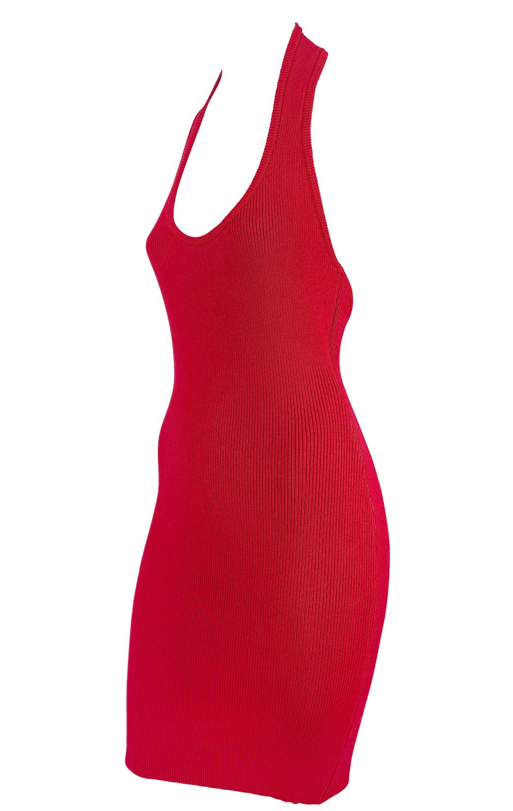 Early 1990s Michael Kors Red Stretch Cotton Ribbed Halter Dress