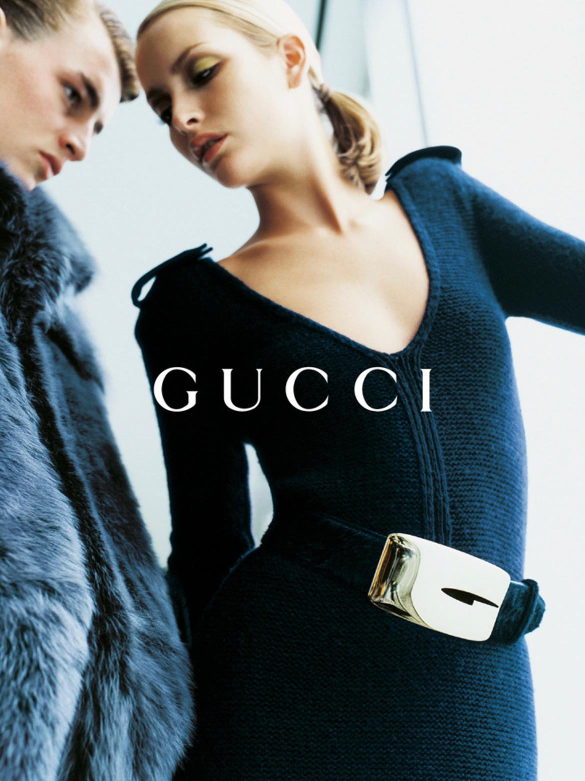 F/W 1996 Gucci by Tom Ford Runway Ad Cashmere Plunging G Buckle Epaulet Dress