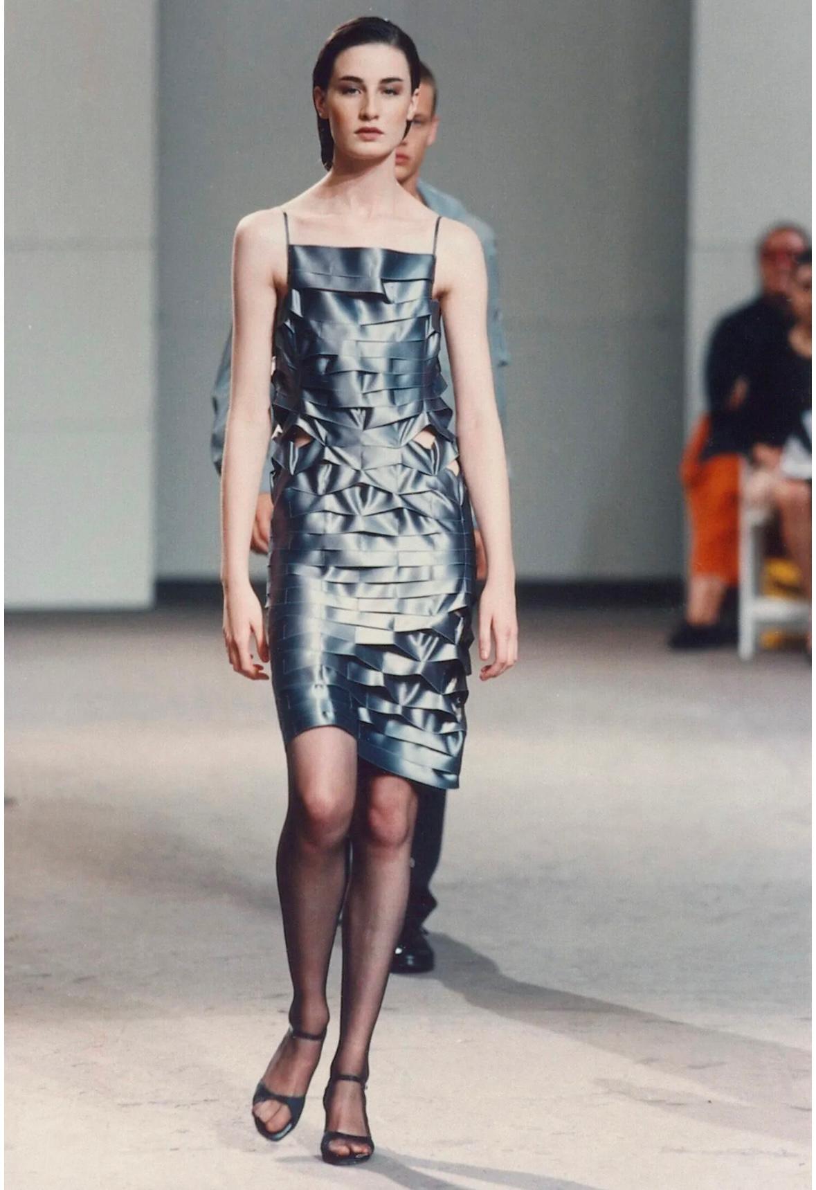 S/S 1998 Helmut Lang Black Silk Cut Out Ribbon Runway Gown