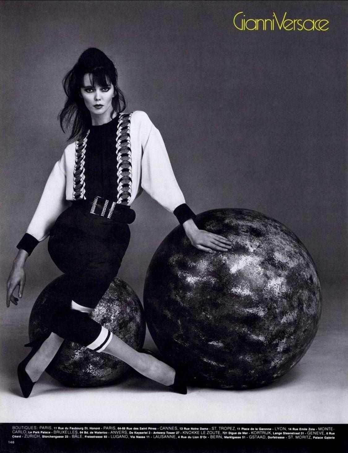 S/S 1988 Gianni Versace Ad Oversized Rhinestone Black Ribbed Satin Black Leather