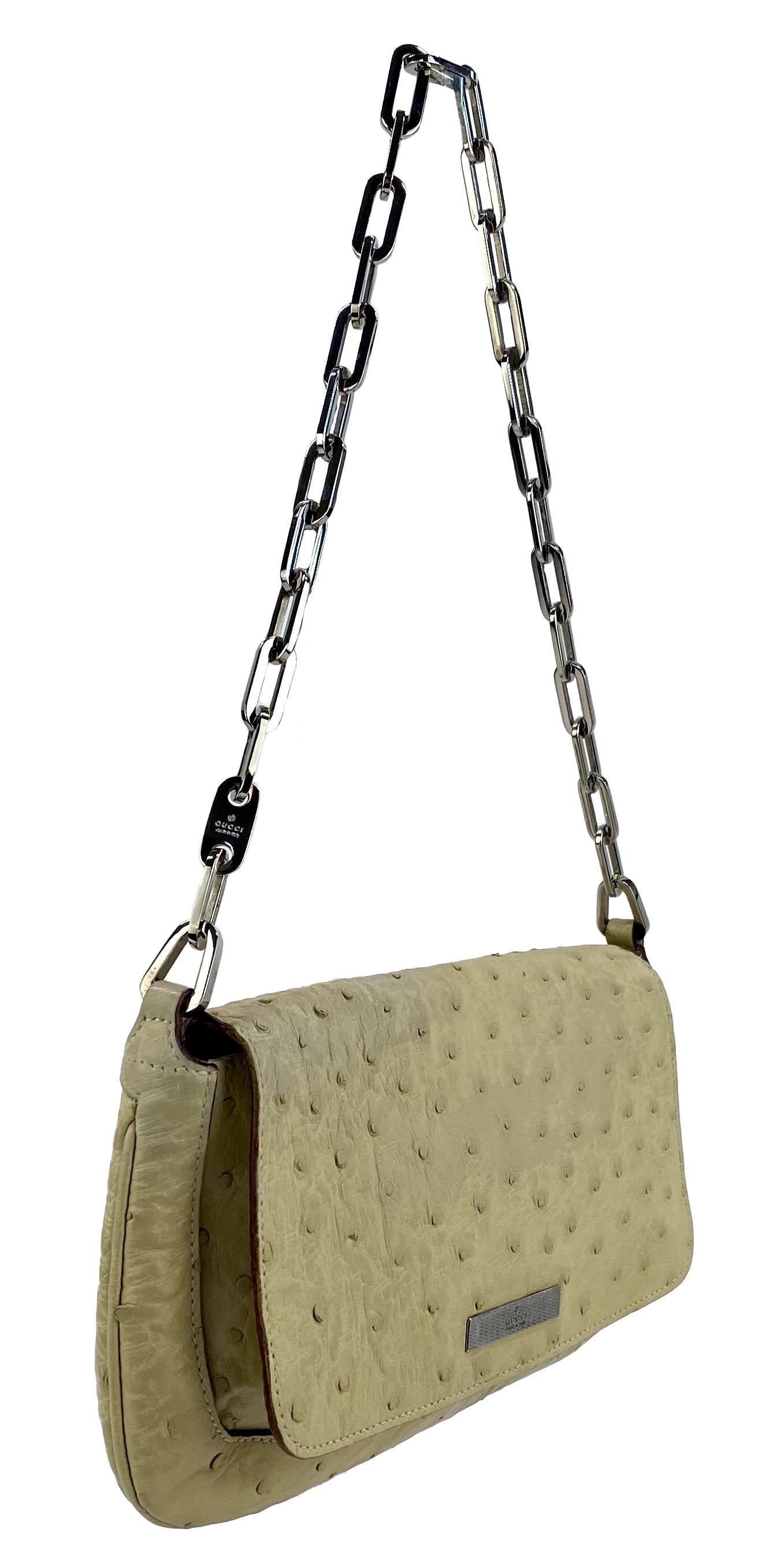 S/S 2000 Gucci by Tom Ford Cream Ostrich Chain Flap Shoulder Bag