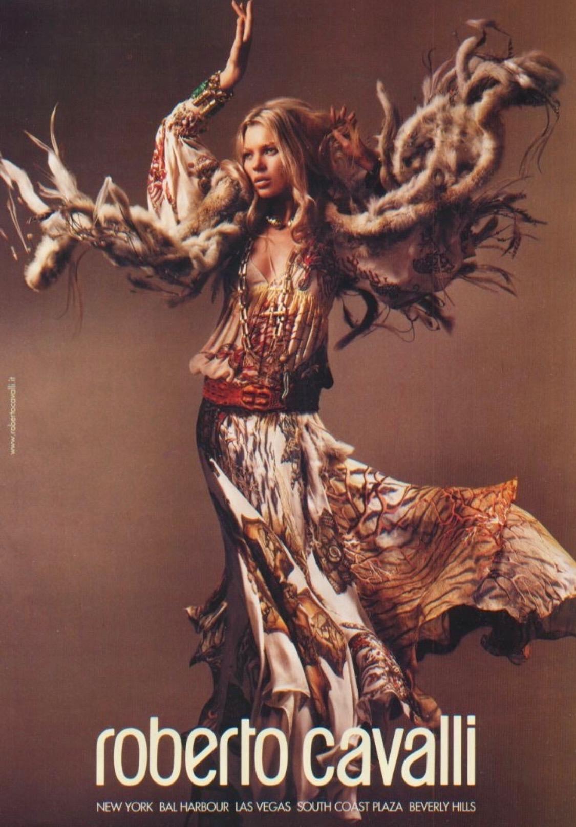 S/S 2005 Roberto Cavalli Silk Seashell Animal Print Cream Satin Slip Dress