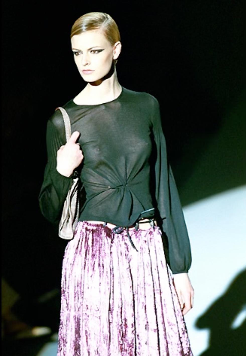 F/W 1999 Gucci by Tom Ford Runway Logo Pin Sheer Blue Silk Knit Blouse
