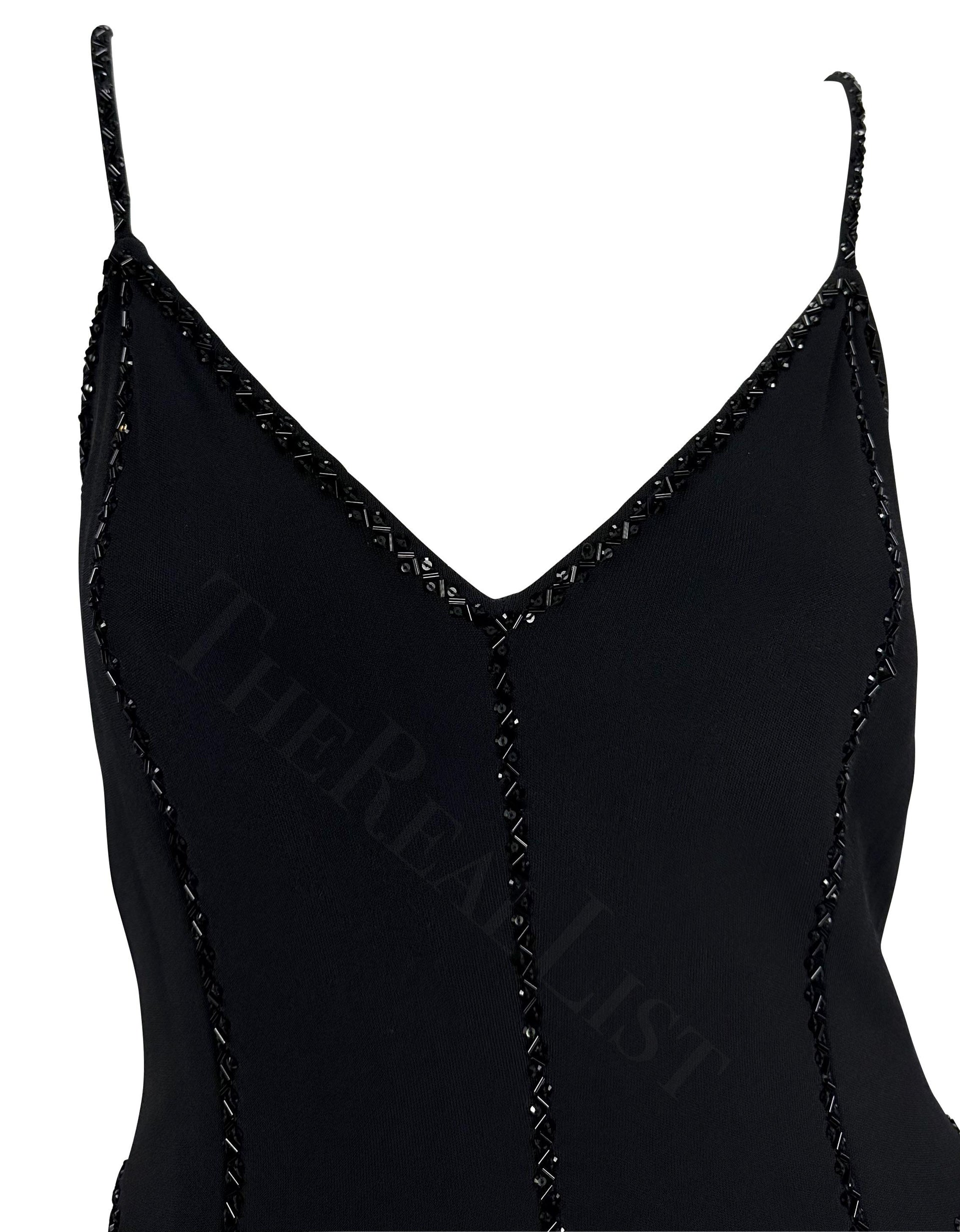 1990s Giorgio Armani Black Beaded Spaghetti Strap Midi Dress