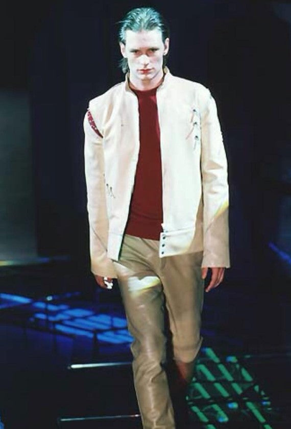 F/W 1998 Gianni Versace by Donatella Mens Runway Zip Accent Leather Moto Jacket