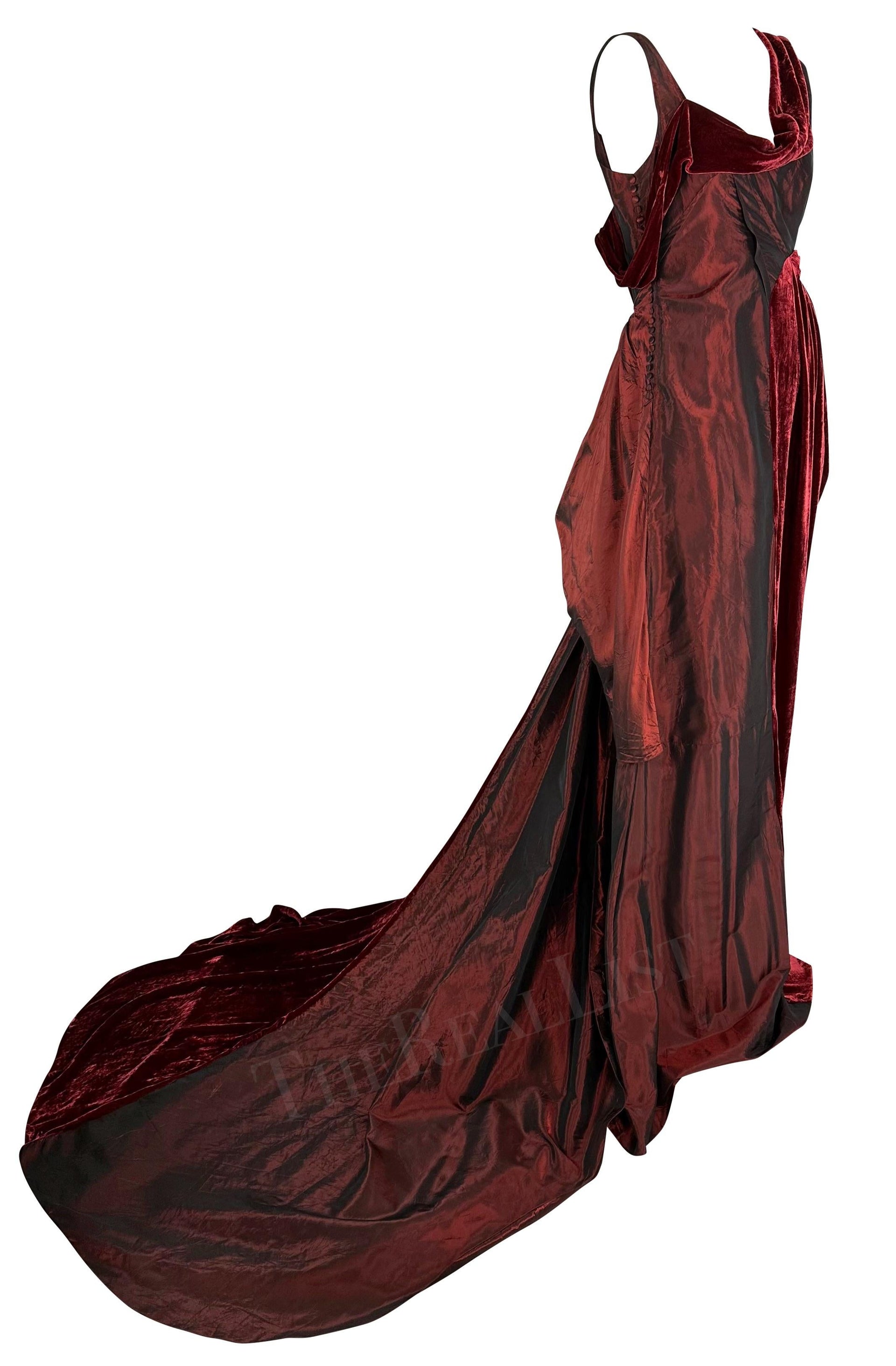 F/W 2006 John Galliano Burgundy Velvet Iridescent Satin Asymmetric Gown Train