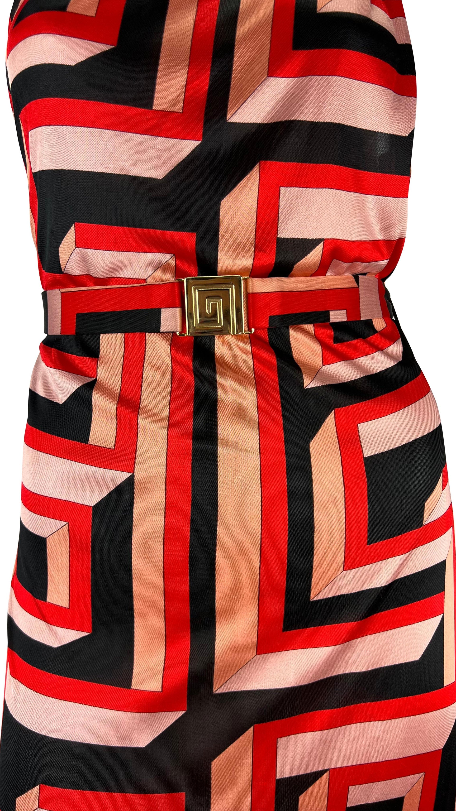 S/S 2001 Gianni Versace by Donatella Pink Greek Key Belted Mini Dress