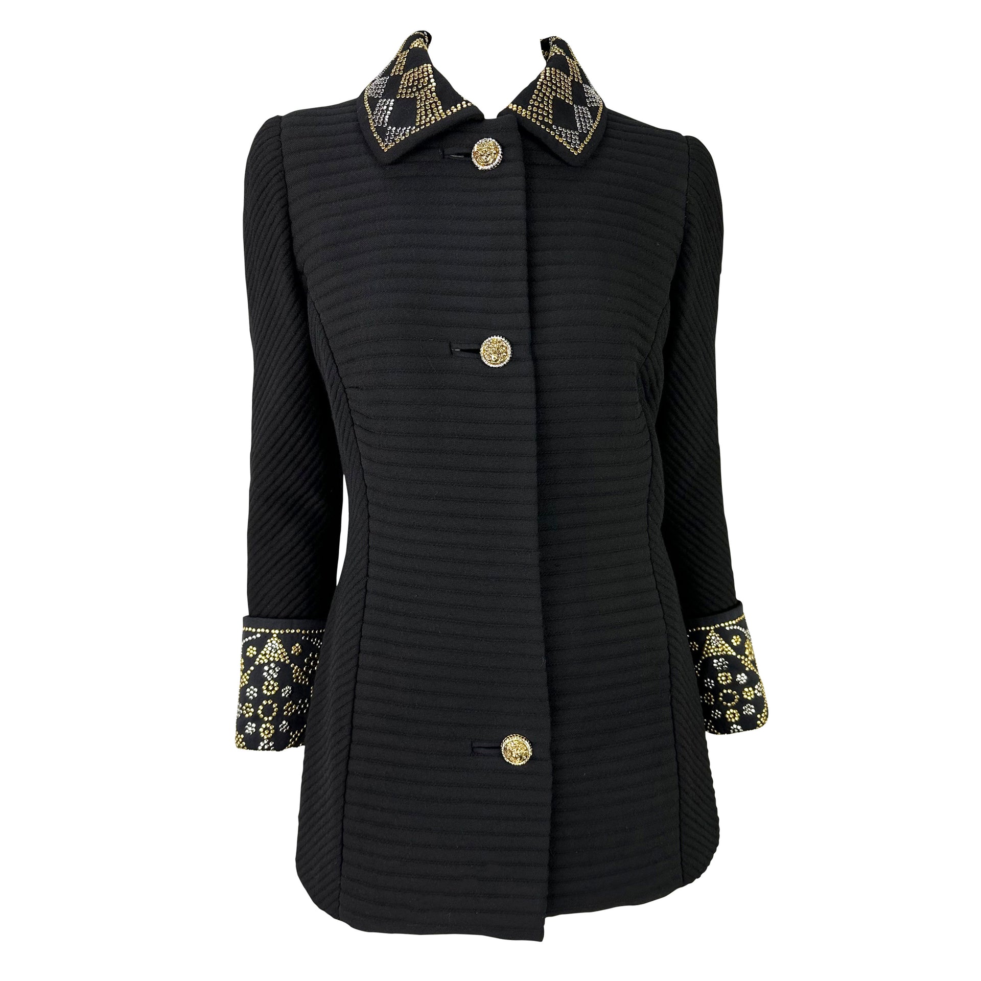 F/W 1991 Atelier Versace Haute Couture Runway Studded Black Wool Blazer Jacket