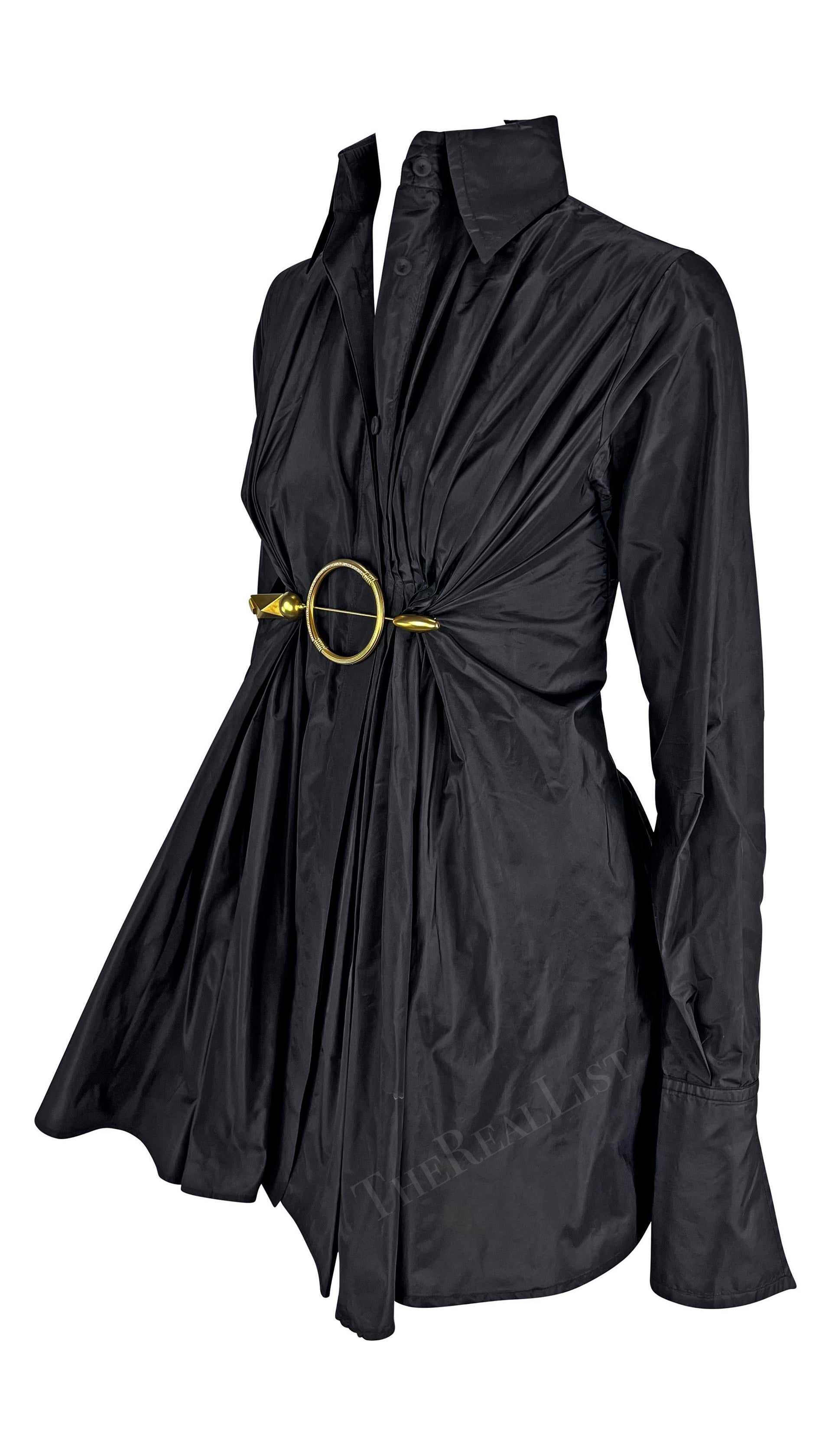 2000s Gianfranco Ferre Black Silk Gold Metal Accent Silk Collared Shirt